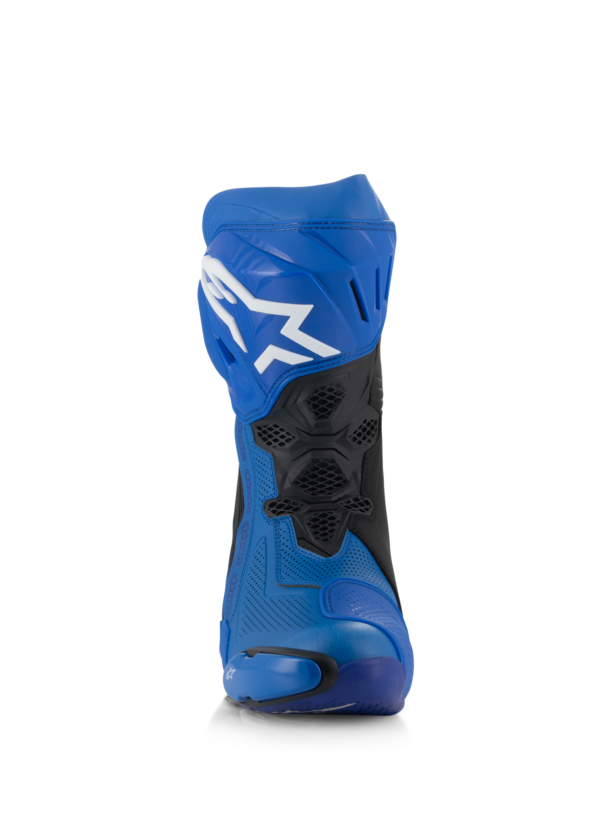 Botas Alpinestars Supertech R Vented, botas de motociclismo de competición en azul y negro, vista frontal, parte superior de microfibra perforada, logotipo Astar blanco en la placa de la espinilla, paneles de malla ventilados y deslizadores de protección.