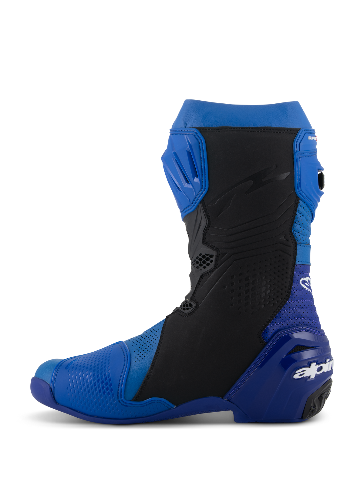 Botas Alpinestars Supertech R Vented, azul y negro, vista de perfil lateral, botas de motociclismo de competición de alto rendimiento con microfibra perforada para ventilación, placa de espinilla de TPU y logotipo de Alpinestars en el talón.