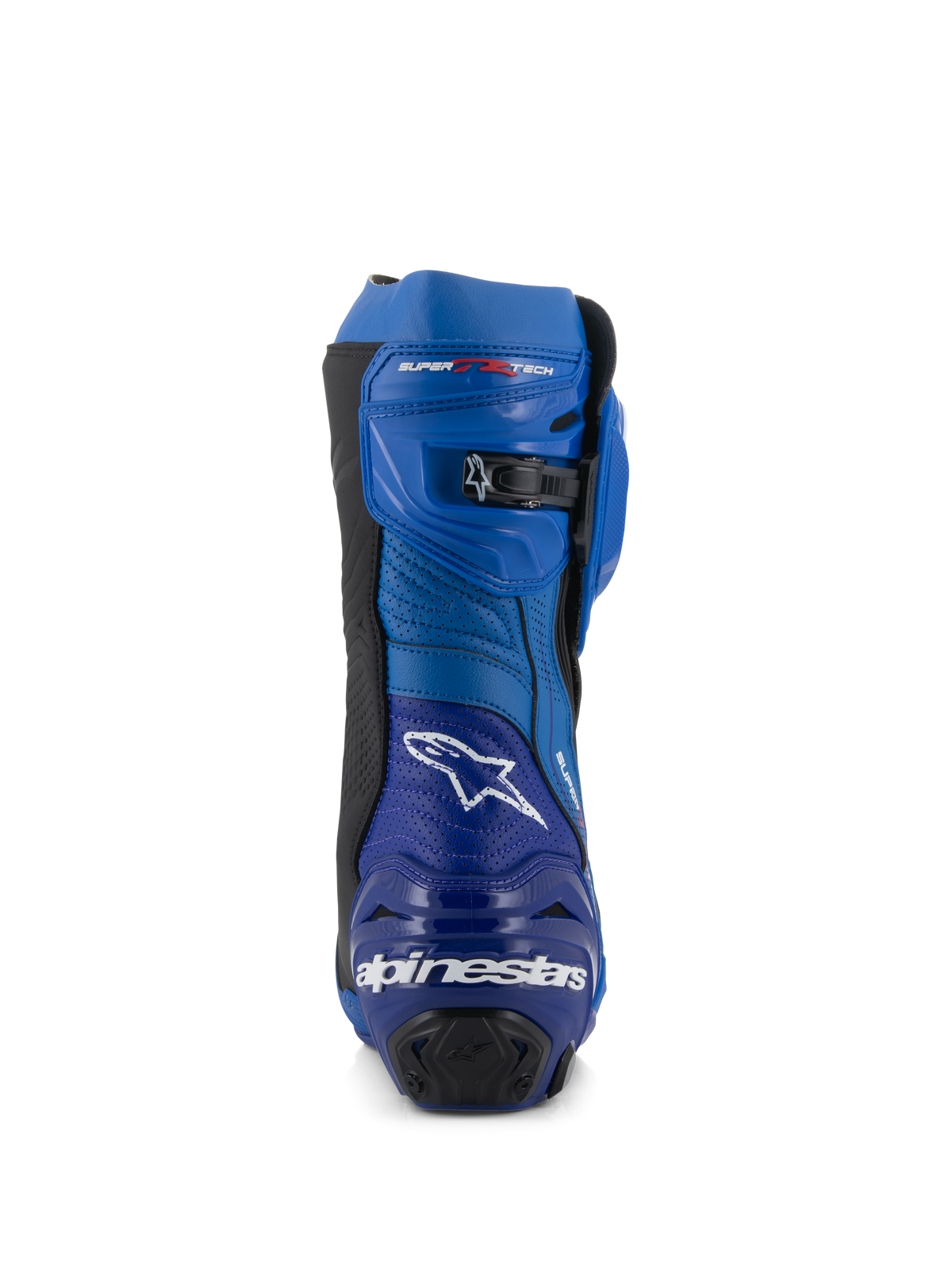 Botas Alpinestars Supertech R Vented, botas de carreras para moto, azul y negro, vista trasera con el logotipo y el texto de Alpinestars en el talón, paneles de microfibra perforada y un cierre de trinquete microajustable en la parte superior.