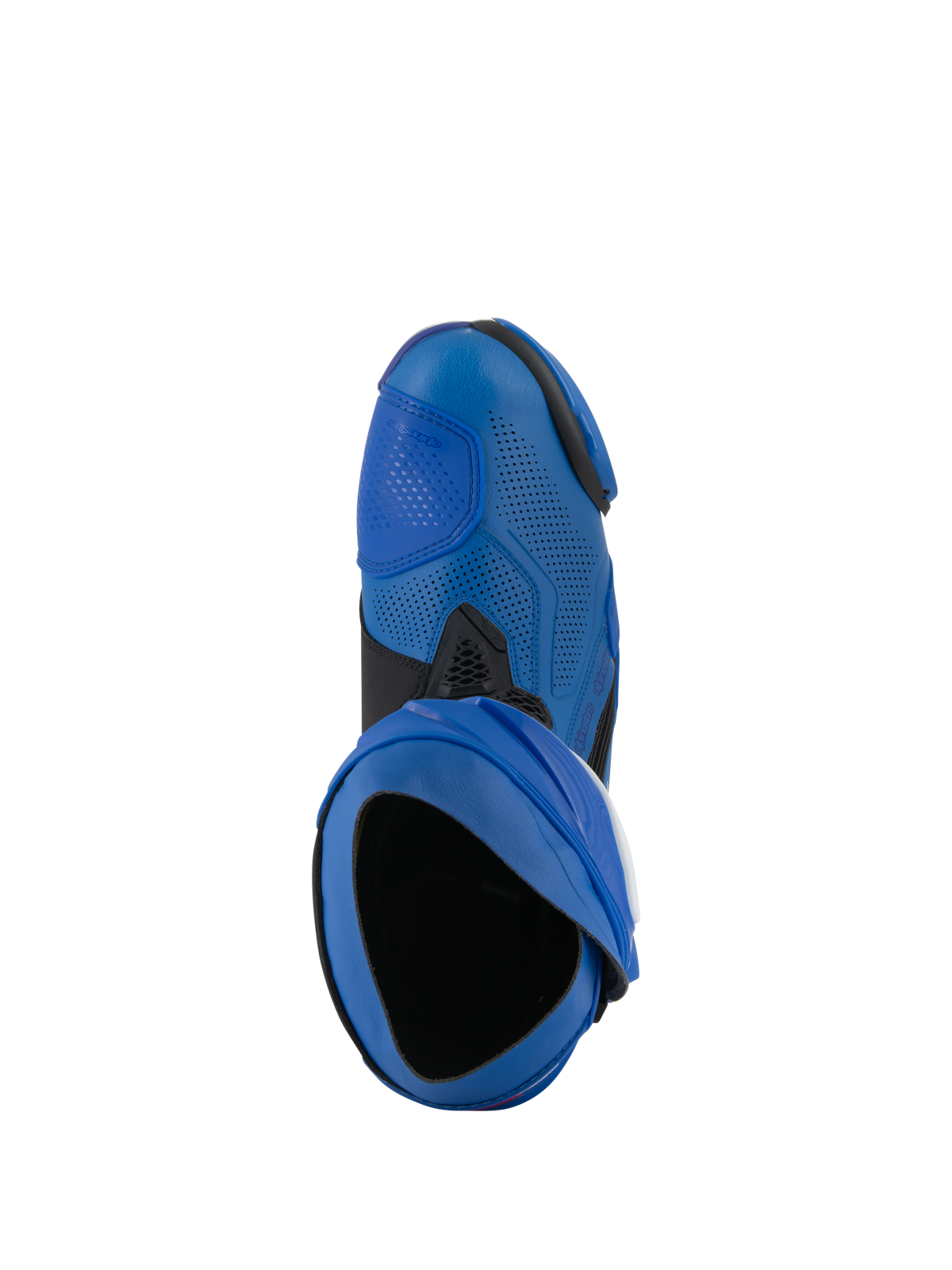 Botas Alpinestars Supertech R Vented, botas de motociclismo de competición, azul y negro, vista superior que muestra la entrada y la parte superior de microfibra perforada, calzado de alto rendimiento para deportes de motor con diseño ventilado