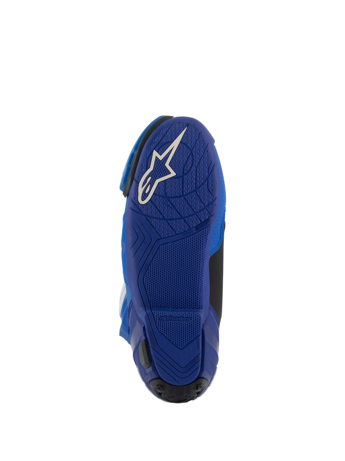 Botas Alpinestars Supertech R Vented, azul y negro, vista inferior de la suela de goma azul con un logotipo de Astars blanco, con patrones de agarre texturizados para el control de los estribos, calzado de alto rendimiento para carreras de motos.