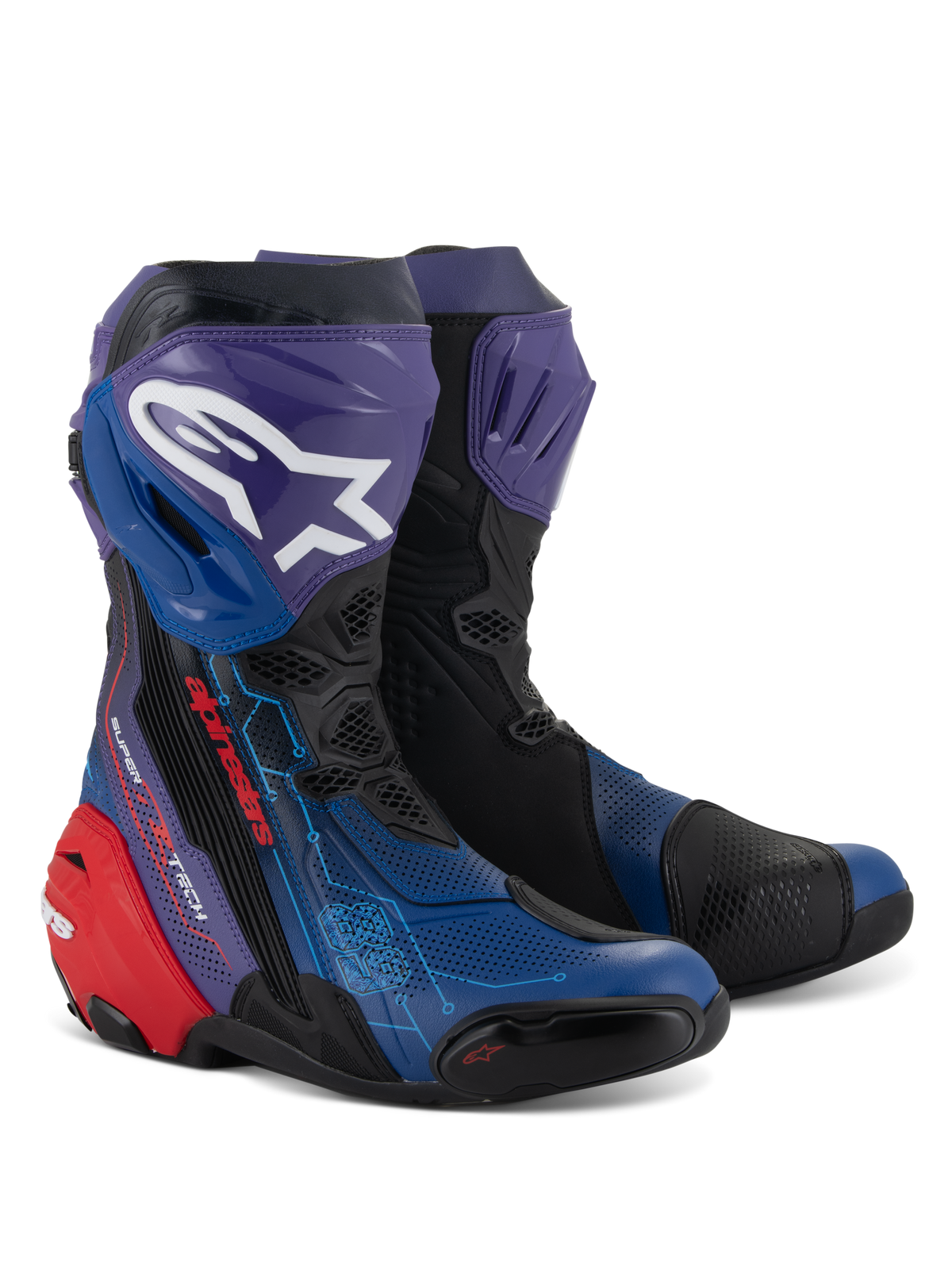 Botas Alpinestars Supertech R LE Martinator R01 Ventiladas, botas de moto de competición, azul, púrpura, rojo y negro, con amplias perforaciones para el flujo de aire, logo Astars blanco en espinillera púrpura, protector de talón rojo y diseño técnico de competición