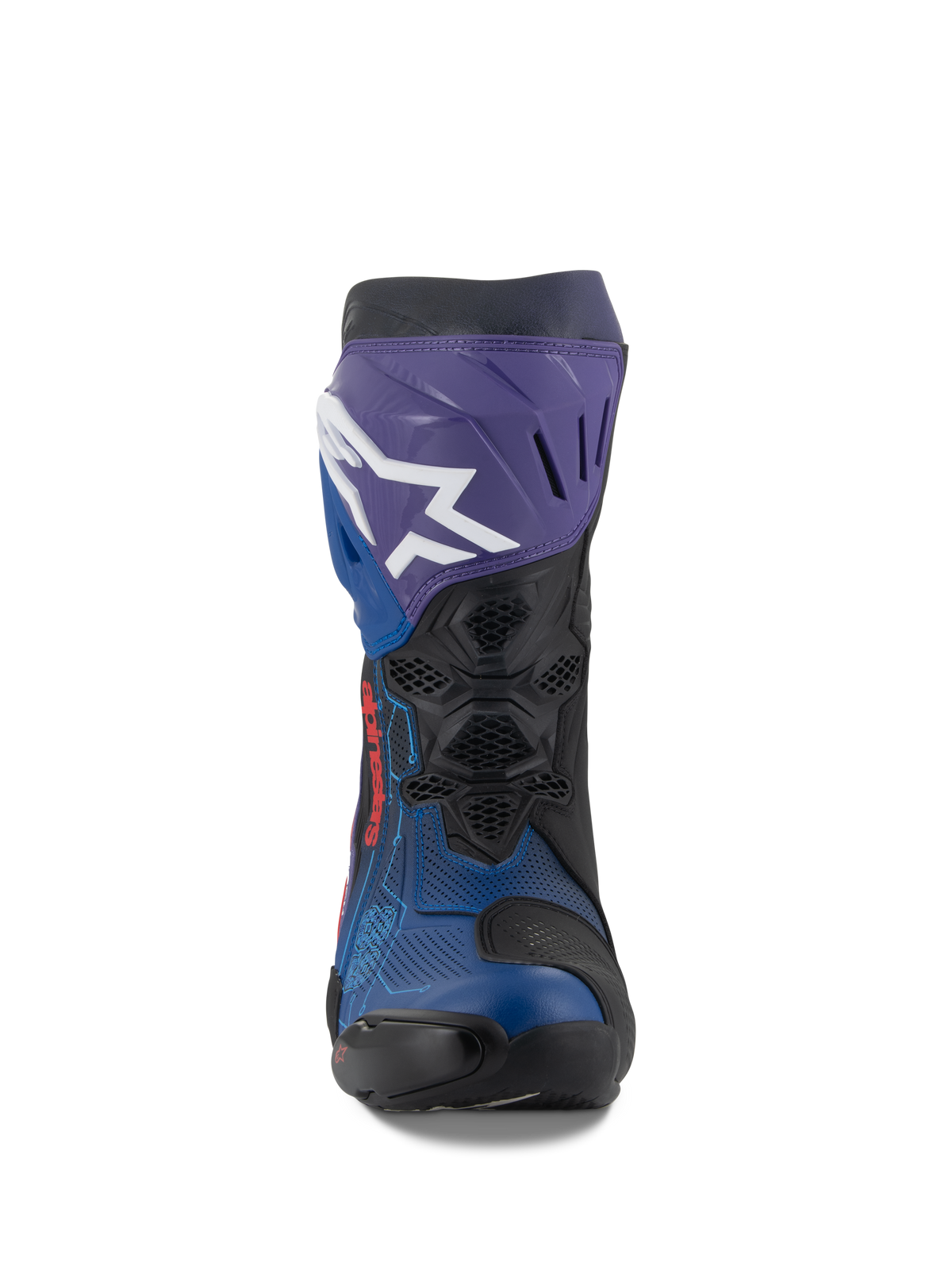 Botas Alpinestars Supertech R LE Martinator R01 Ventiladas, botas de moto de carreras, azul, púrpura, rojo y negro, vista frontal con el logo blanco de Alpinestars en la placa de la espinilla púrpura, parte superior de microfibra perforada para un flujo de aire máximo, diseño técnico de carreras de alto rendimiento
