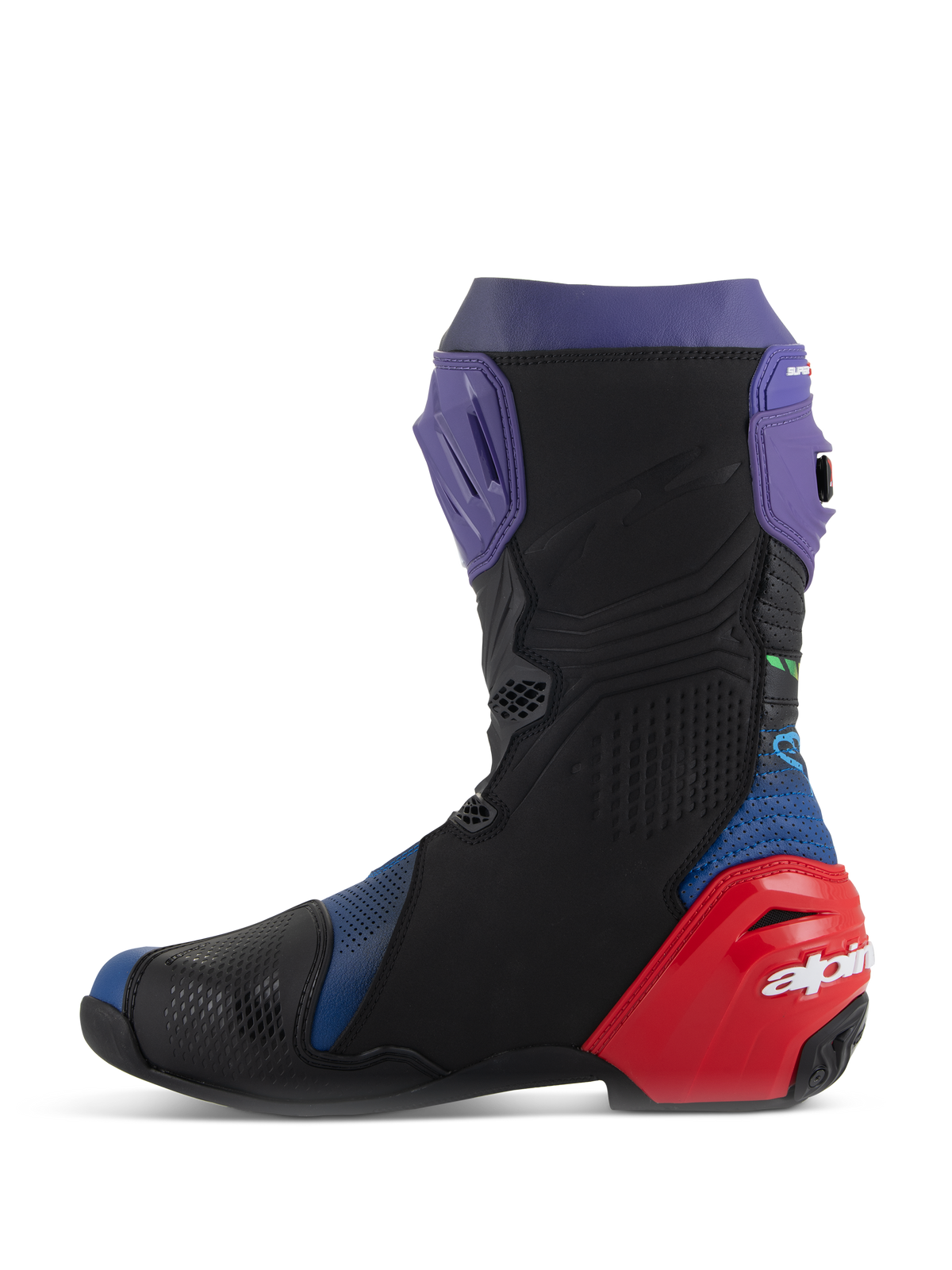 Botas Alpinestars Supertech R LE Martinator R01 Ventiladas, botas de carreras para motocicleta, azul, morado, rojo y negro, vista de perfil lateral con microfibra perforada, espinillera morada y protector de talón rojo con logo blanco.