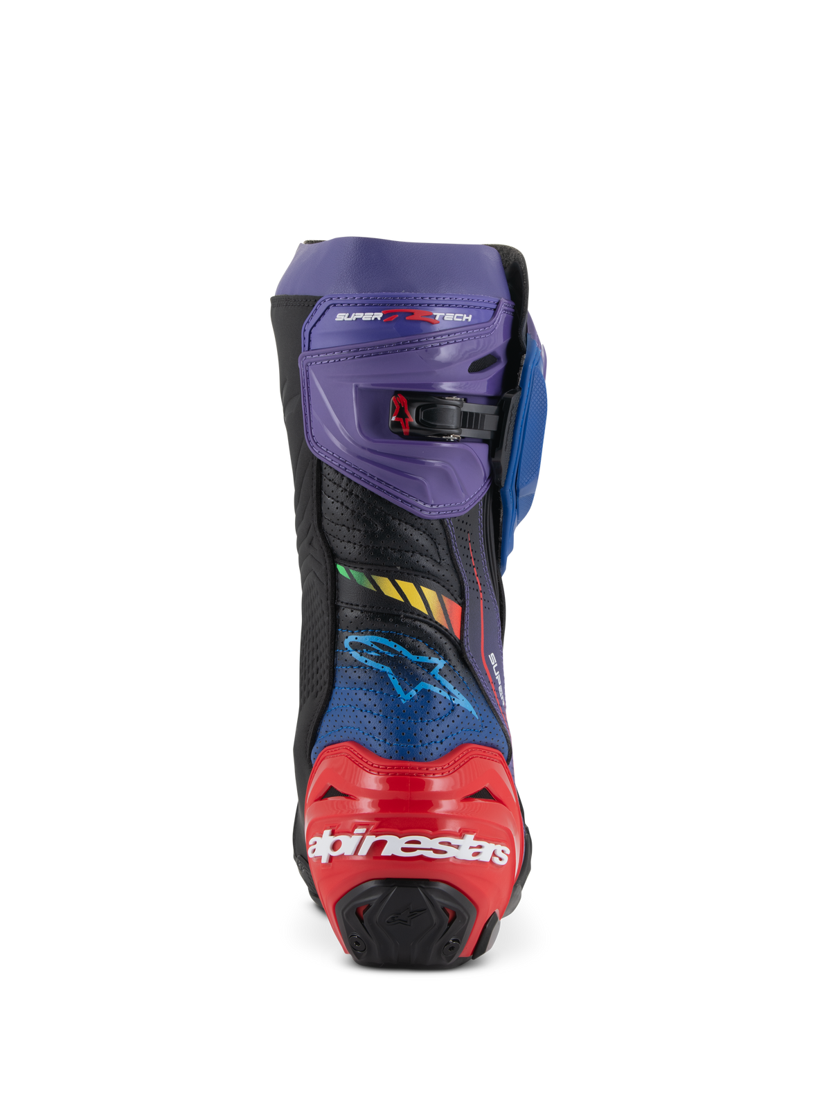 Botas Alpinestars Supertech R LE Martinator R01 Ventiladas, botas de carreras para moto, azul, violeta, rojo y negro, vista trasera con protector de talón rojo y logotipo Alpinestars blanco, polaina superior violeta con hebilla ajustable y microfibra perforada para el flujo de aire