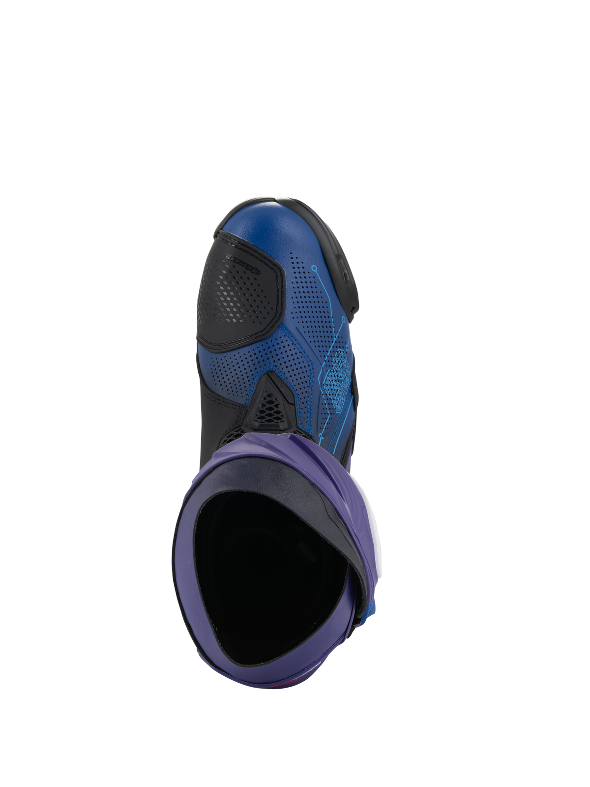 Botas Alpinestars Supertech R LE Martinator R01 Vented, botas de motociclismo de competición, azul y púrpura con detalles en negro, vista superior hacia el interior de la bota, con parte superior de microfibra perforada y diseño de carreras