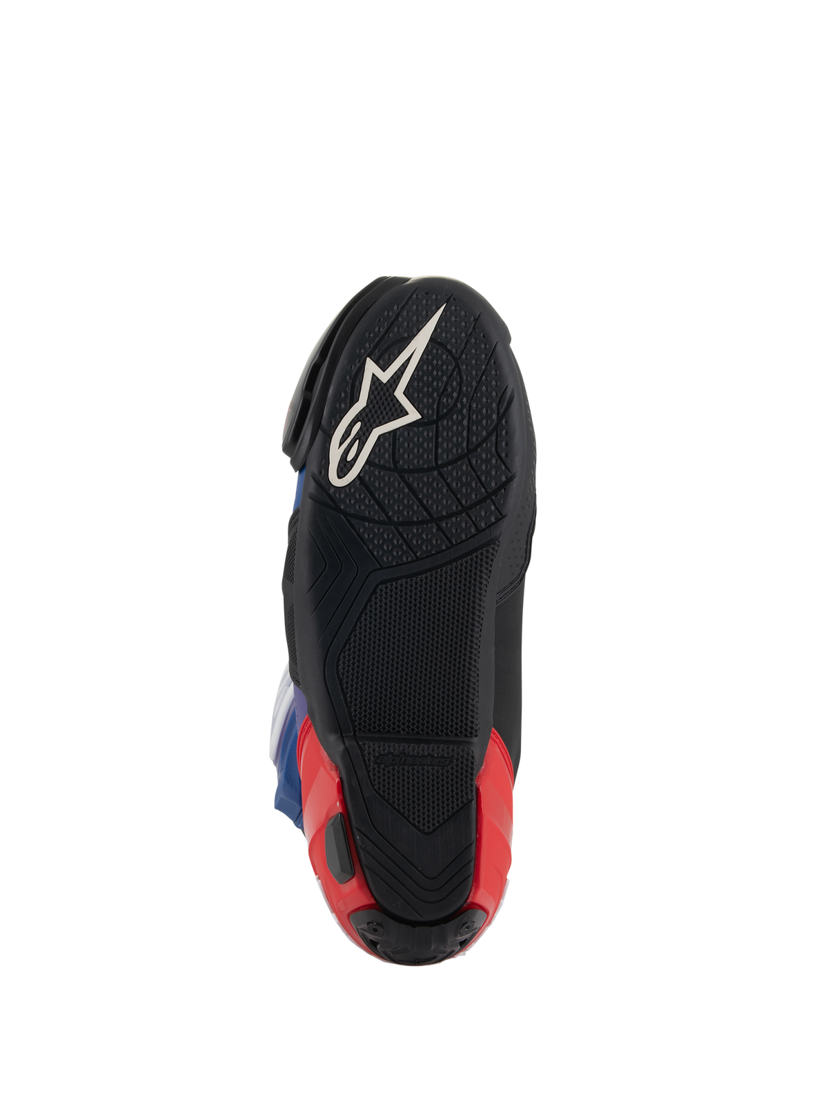 Botas Alpinestars Supertech R LE Martinator R01 Ventiladas, vista de la suela, negro con logotipo Astars blanco y talón rojo, compuesto de goma texturizada para mayor agarre, calzado de alto rendimiento para competición