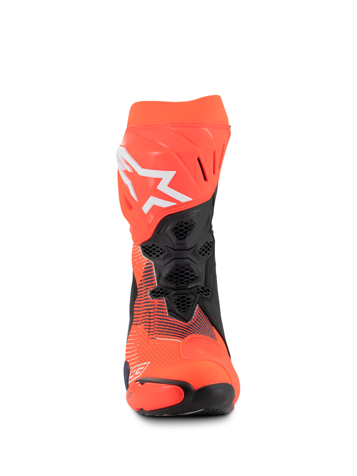 Alpinestars Supertech R Vented MM93 Replica Boots, Racing Motorcycle Boots, Red Fluo Dark Blue and Black, front view showing mesh ventilation, white Alpinestars logo, and durable microfiber construction