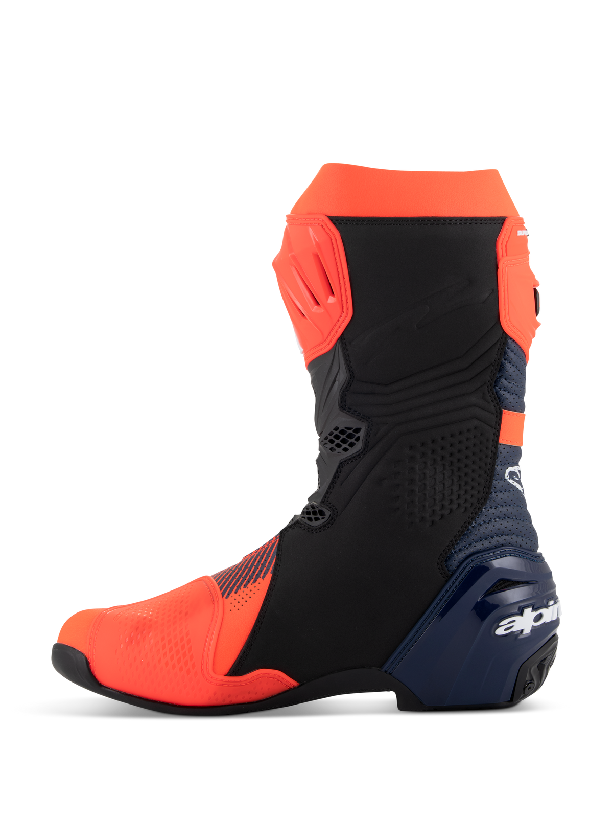 Alpinestars Supertech R Vented MM93 Replica Boots, Motorcycle Racing Boots, Red Fluo Dark Blue and Black, medial side profile view, featuring perforated microfiber upper, TPU protection plates, and sleek performance design.