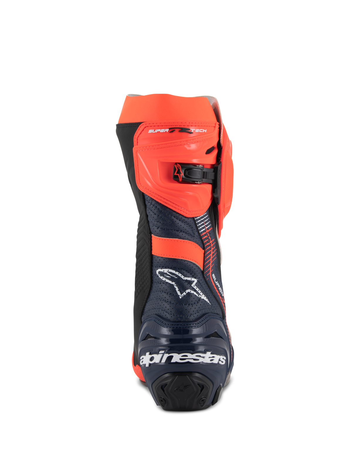 Alpinestars Supertech R Vented MM93 Replica Boots, Motorcycle Racing Boots, Red Fluo Dark Blue and Black, rear view featuring the white Alpinestars logo on the heel and red fluo adjustable ratchet closure, perforated microfiber design for high airflow