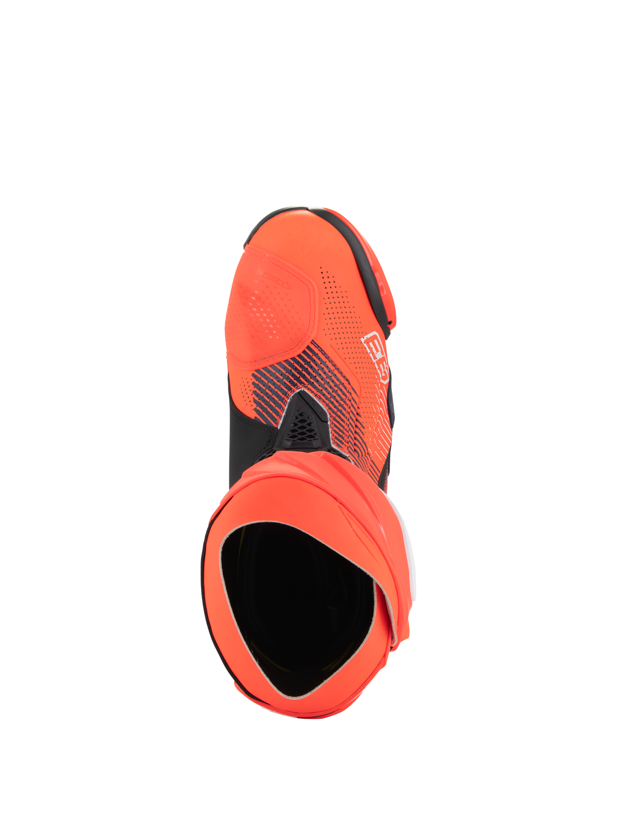 Alpinestars Supertech R Vented MM93 Replica Boots, high-performance motorcycle racing boots, Red Fluo and Dark Blue, top-down view showing the opening and inner bootie structure, perforated microfiber upper with Marc Márquez signature graphics