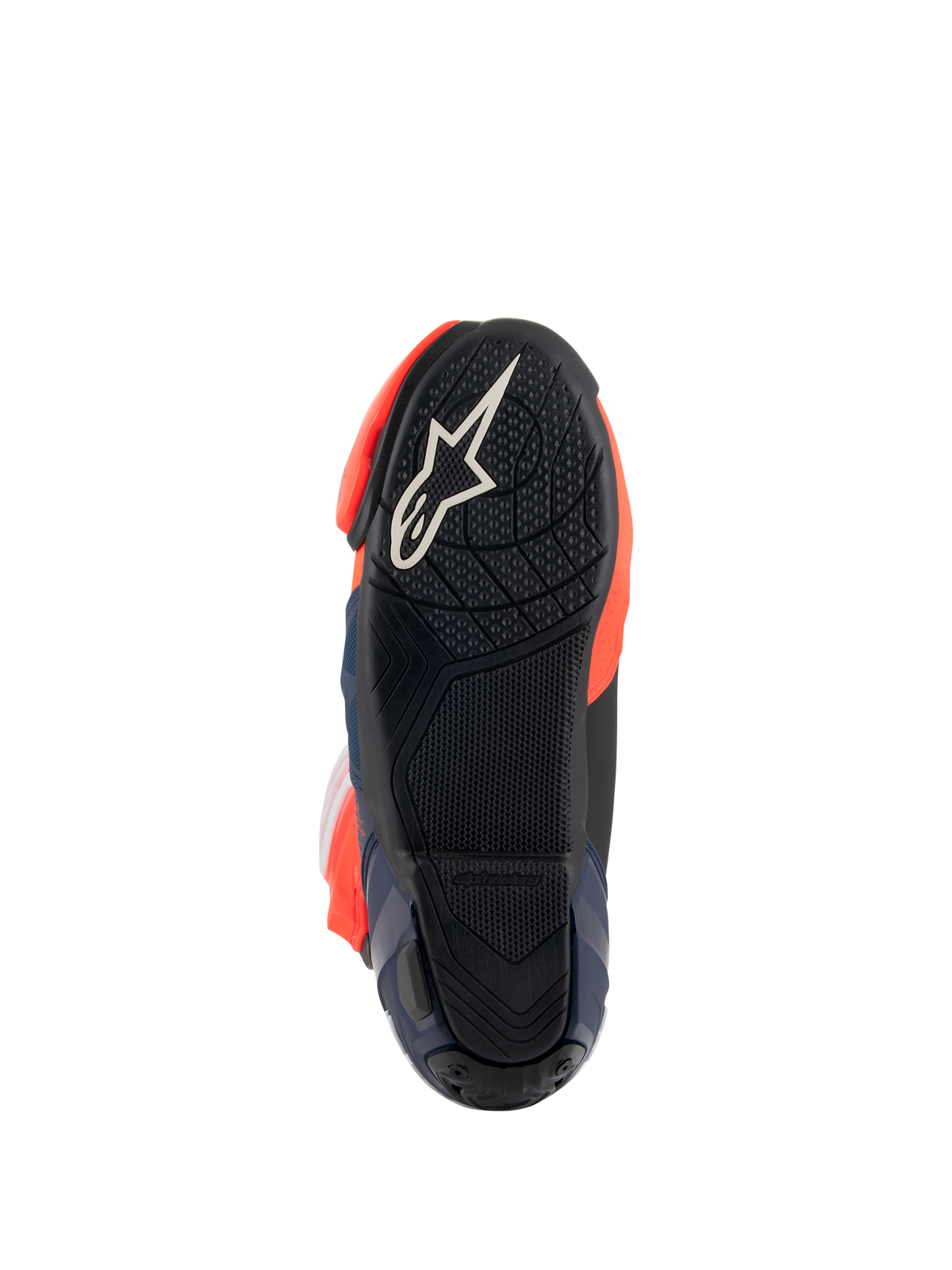Alpinestars Supertech R Vented MM93 Replica Boots, sole view showing black rubber outsole with white star logo, textured grip pattern for footpegs, and red fluo and dark blue accents, racing performance footwear design