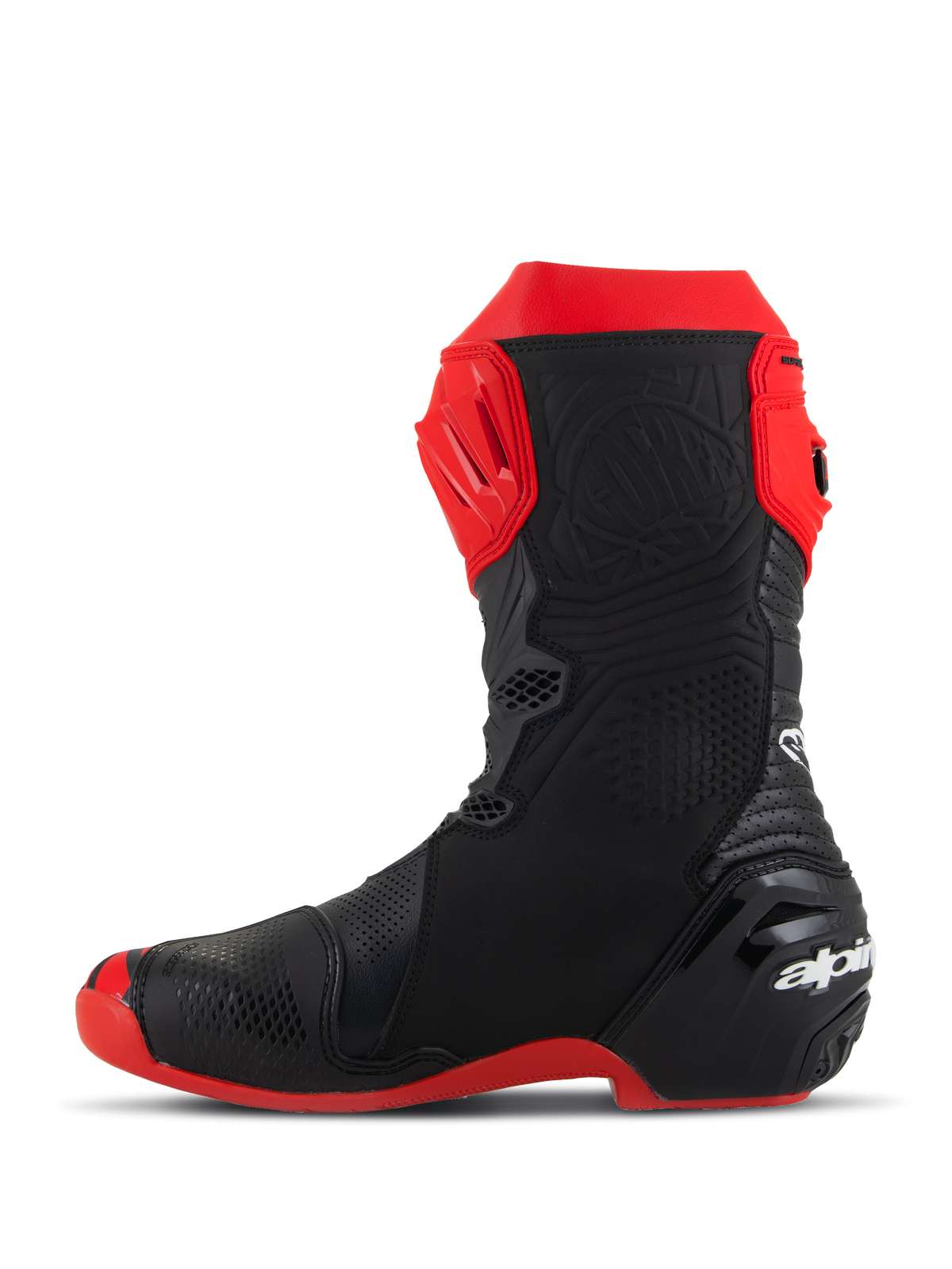 Alpinestars Supertech R LE Pecco Bagnaia Vented Boots, Racing Motorcycle Boots, Red and Black, side profile view, featuring extensive perforations, red TPU shin plate, reinforced heel, and red sole, aerodynamic design for high-performance racing