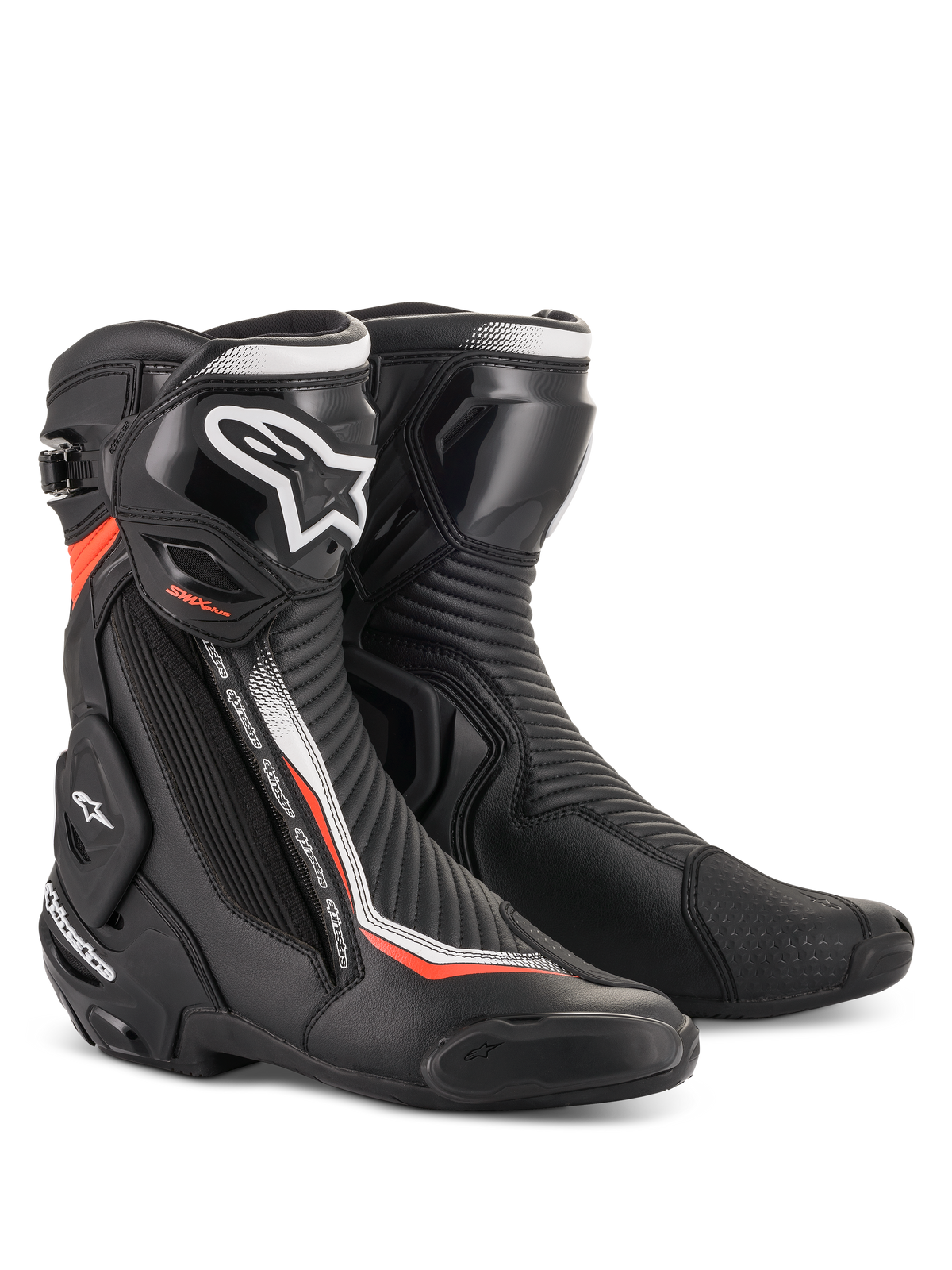 Alpinestars SMX Plus V2, botas de moto para carreras en negro y rojo flúor con protección avanzada de TPU