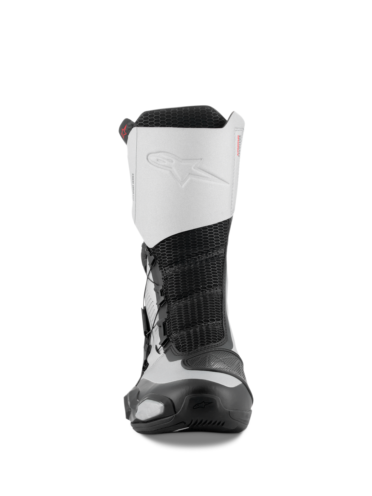 Botas Alpinestars SP-X BOA, vista frontal, negro y plateado, botas de motociclismo deportivas de altura media con parte superior de microfibra blanca, logotipo en relieve, centro de malla negra y componentes protectores de TPU