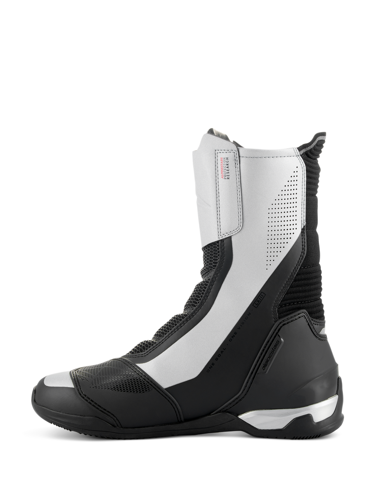 Botas Alpinestars SP-X BOA, botas de motociclismo deportivas de media altura, negro y plateado, perfil lateral estilizado con paneles plateados y detalles perforados, talonera de TPU negro y logotipo de Alpinestars