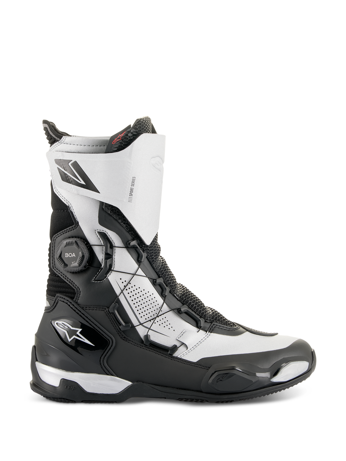 Botas Alpinestars SP-X BOA®, botas deportivas de moto de media altura, color negro y plateado, con sistema de ajuste BOA® Fit lateral, protección de TPU y material Rideknit transpirable, diseño estilizado para conducción sport touring