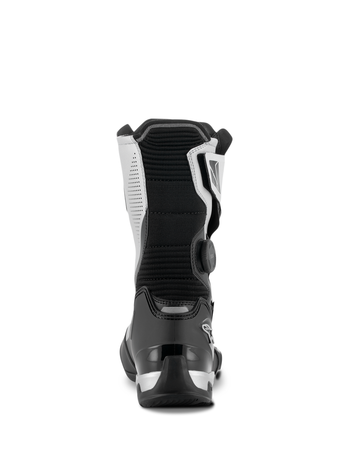Botas Alpinestars SP-X BOA®, negro y plata, vista trasera de bota de moto sport touring de altura media, con talonera de TPU negra, paneles laterales plateados y dial lateral del BOA® Fit System, diseño elegante y protector