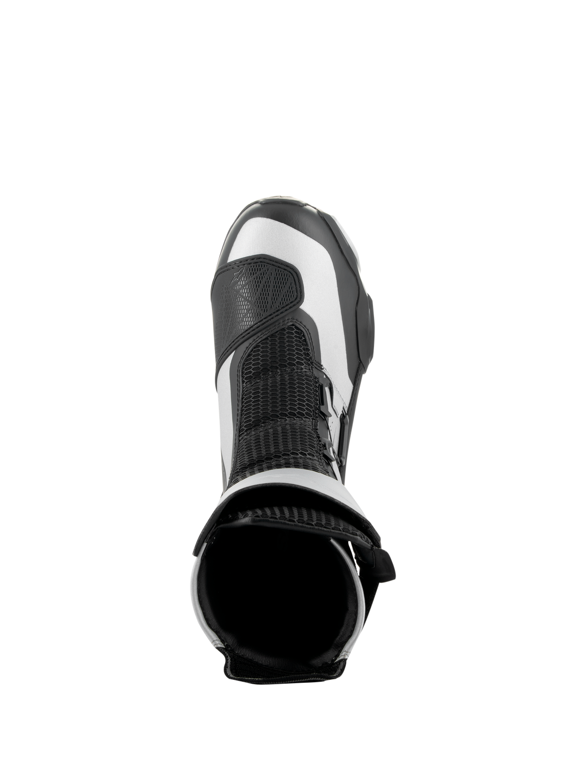 Botas Alpinestars SP-X BOA, negro y plateado, vista superior que muestra la apertura y la lengüeta de malla, elegantes botas deportivas de media altura para moto con microfibra avanzada y construcción Rideknit