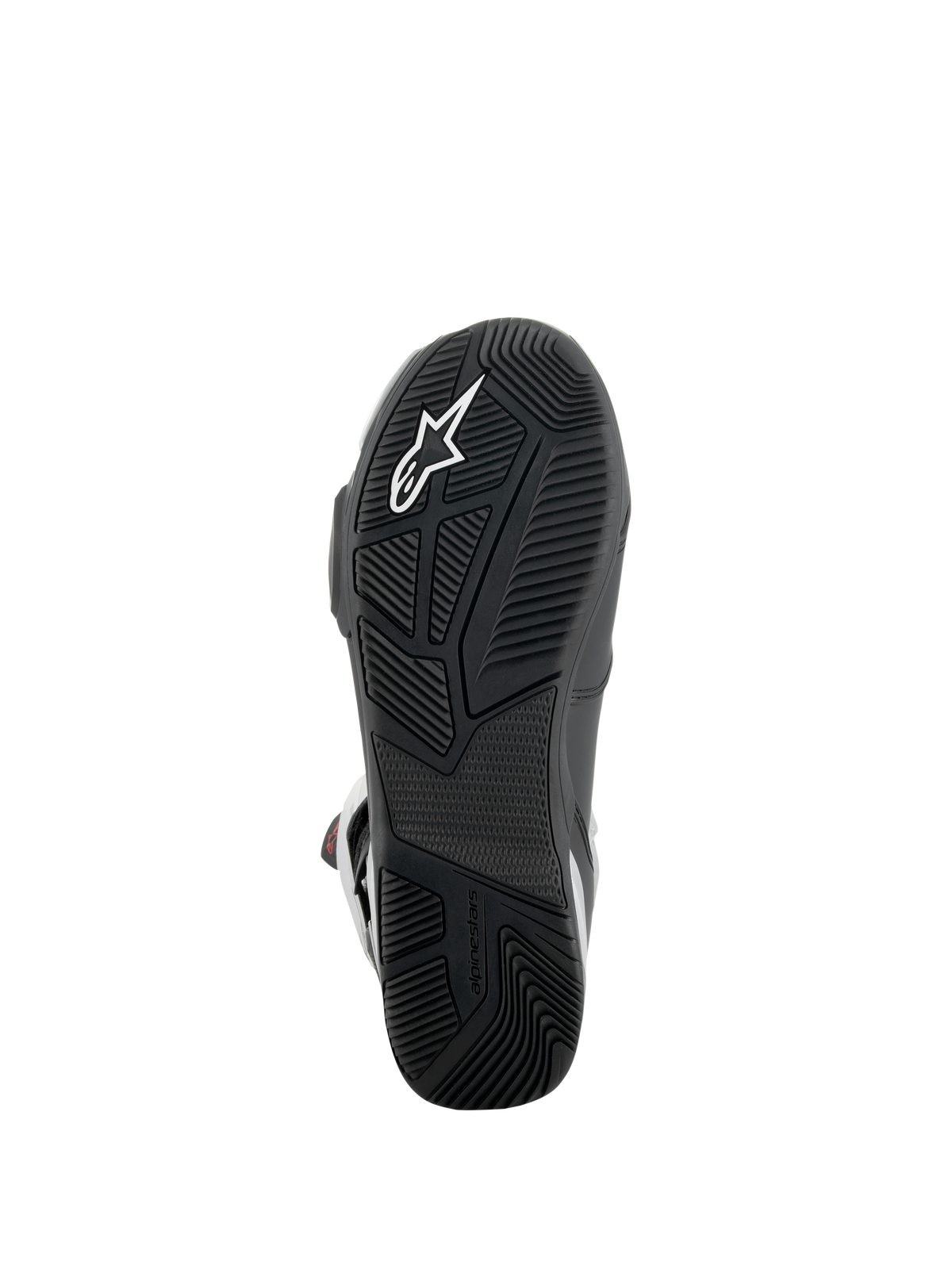 Botas Alpinestars SP-X BOA®, vista de la suela, color negro, con suela de goma texturizada con el logotipo de estrella blanco, diseño de talón asimétrico para mayor estabilidad y patrones de dibujo especializados para el agarre en las estriberas.