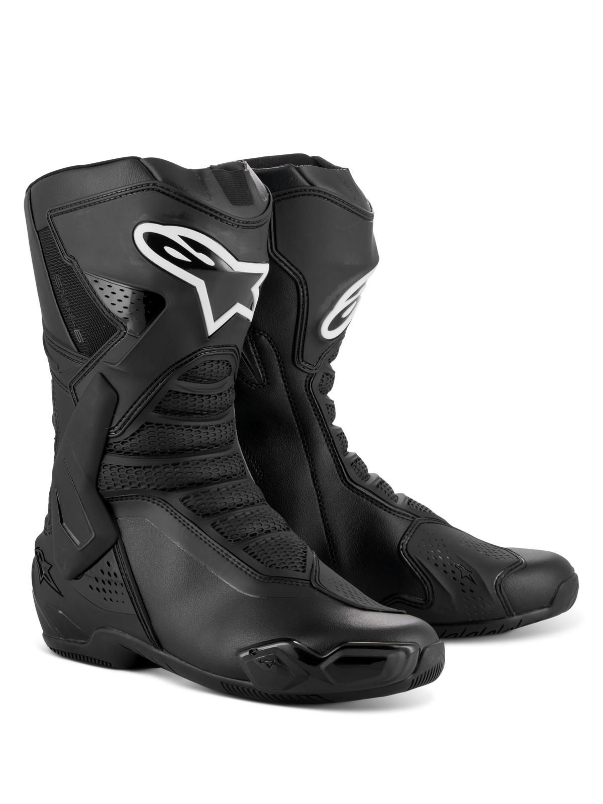 Botas Alpinestars SMX-6 V3, botas de alto rendimiento para motociclismo, color negro, con protección de TPU en la espinilla y el tobillo, paneles de malla flexibles, diseño ergonómico para conducción deportiva y en circuito, logotipo blanco de Alpinestars en la espinilla