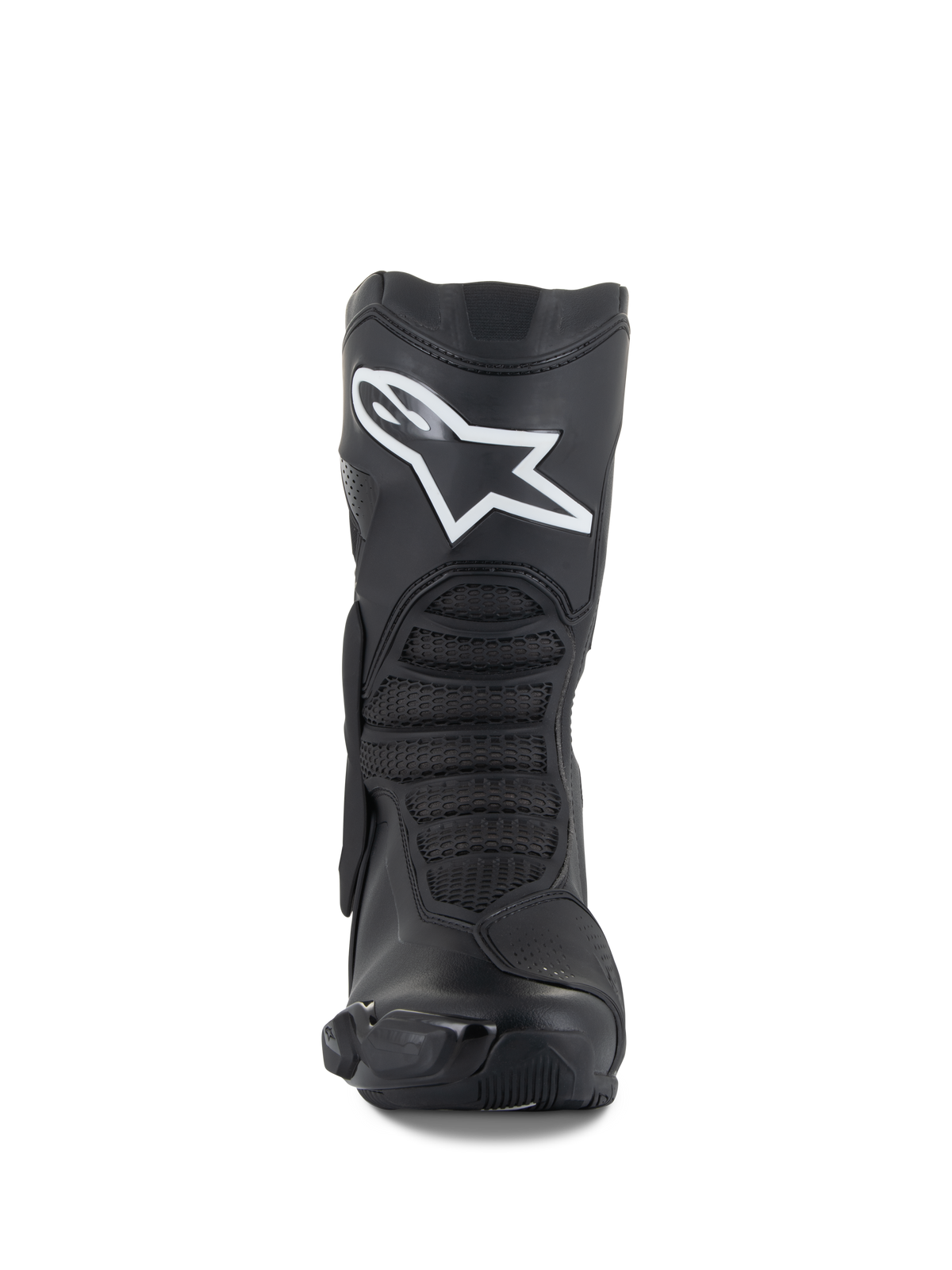 Botas Alpinestars SMX-6 V3, negro, botas de motociclismo de alto rendimiento, vista frontal con un prominente logotipo Astar blanco en la espinilla, zonas de flexión delanteras texturizadas y elegantes elementos protectores de TPU