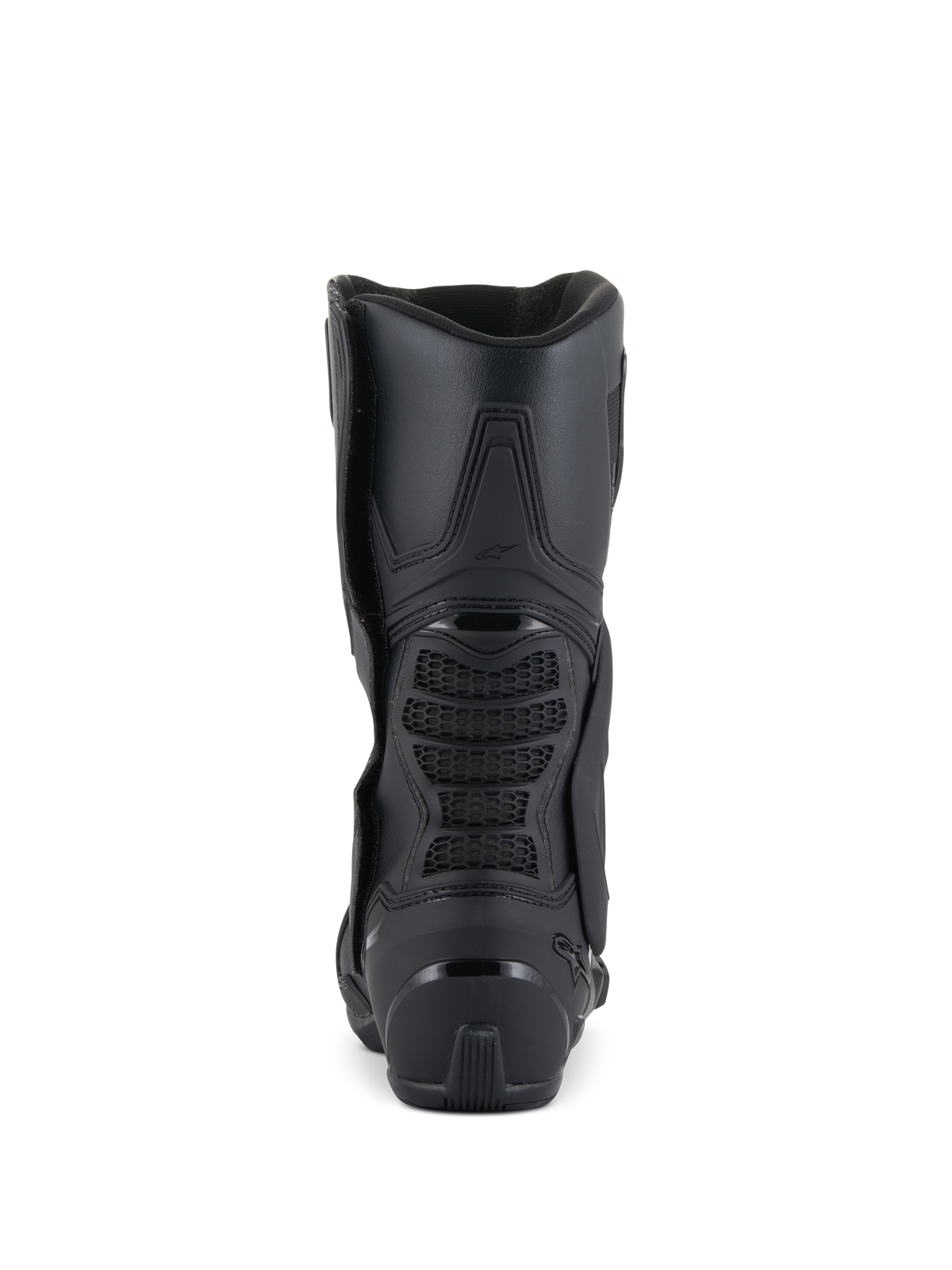 Botas Alpinestars SMX-6 V3, botas de motociclismo de alto rendimiento, negro, vista trasera que muestra el talón reforzado, zona de flexión trasera de malla 3D y diseño ergonómico estilizado para conducción en circuito y calle