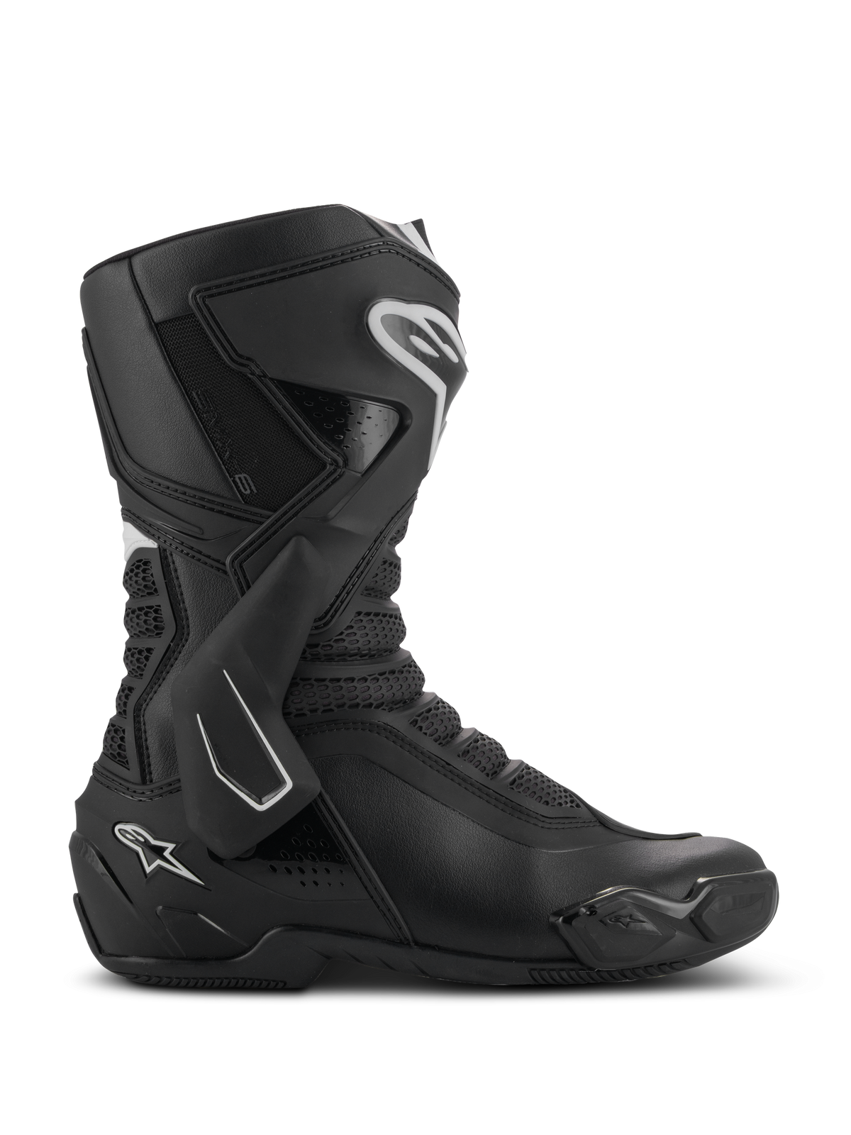 Alpinestars SMX-6 V3, botas deportivas para moto, negras con detalles blancos, vista de perfil lateral con sistema de soporte de tobillo de TPU, zonas de flexión de malla texturizada y componentes reforzados en talón y puntera para rendimiento en circuito y calle.