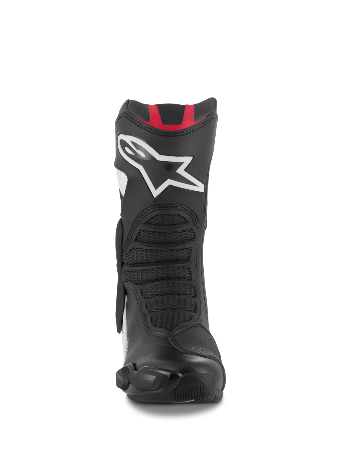 Botas Alpinestars SMX-6 V3, botas de conducción de alto rendimiento, diseño gráfico en negro, blanco y rojo, vista frontal con un gran logotipo Astar blanco en la espinilla, detalles en rojo en la parte superior y zonas flexibles con textura de malla para conducción en circuito y calle