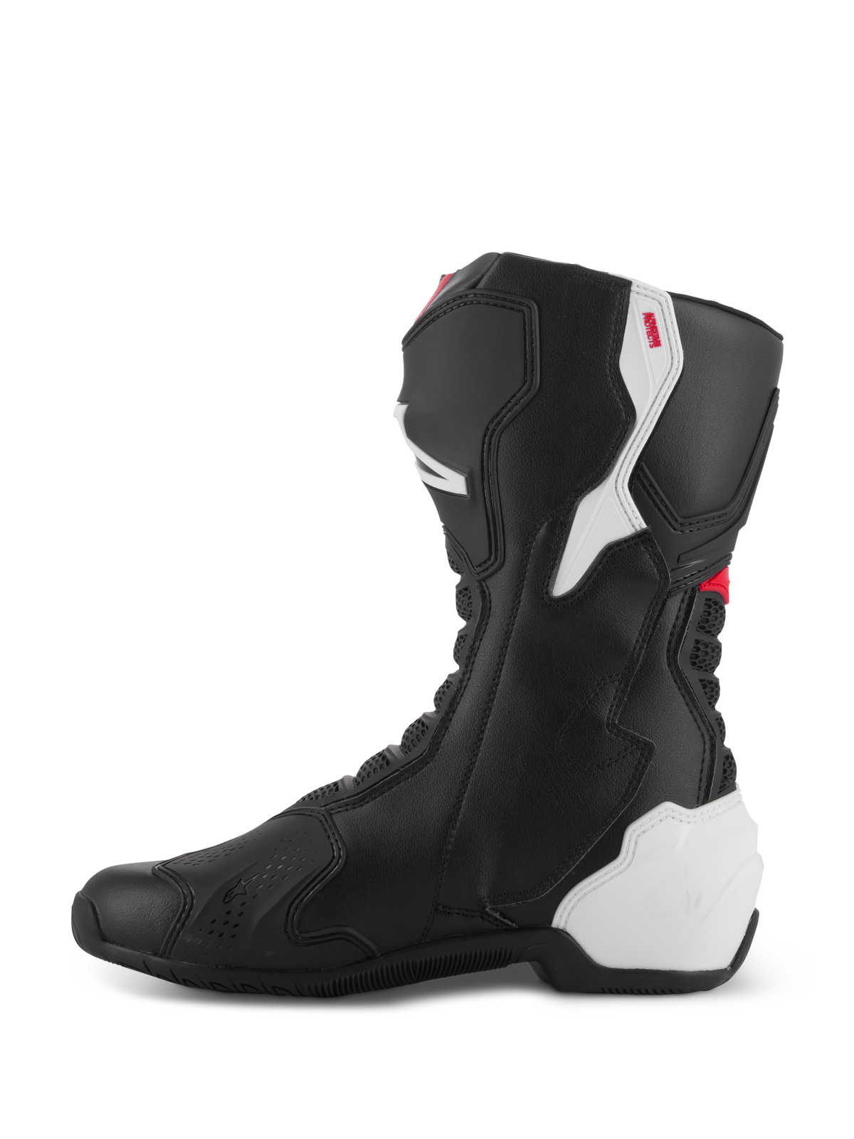 Botas Alpinestars SMX-6 V3, botas de conducción de alto rendimiento, diseño gráfico en negro, blanco y rojo, vista lateral medial, confeccionadas en microfibra negra con paneles protectores de TPU blancos en el talón y la pantorrilla, detalles en rojo y zonas de acordeón flexibles para una mayor movilidad y protección.
