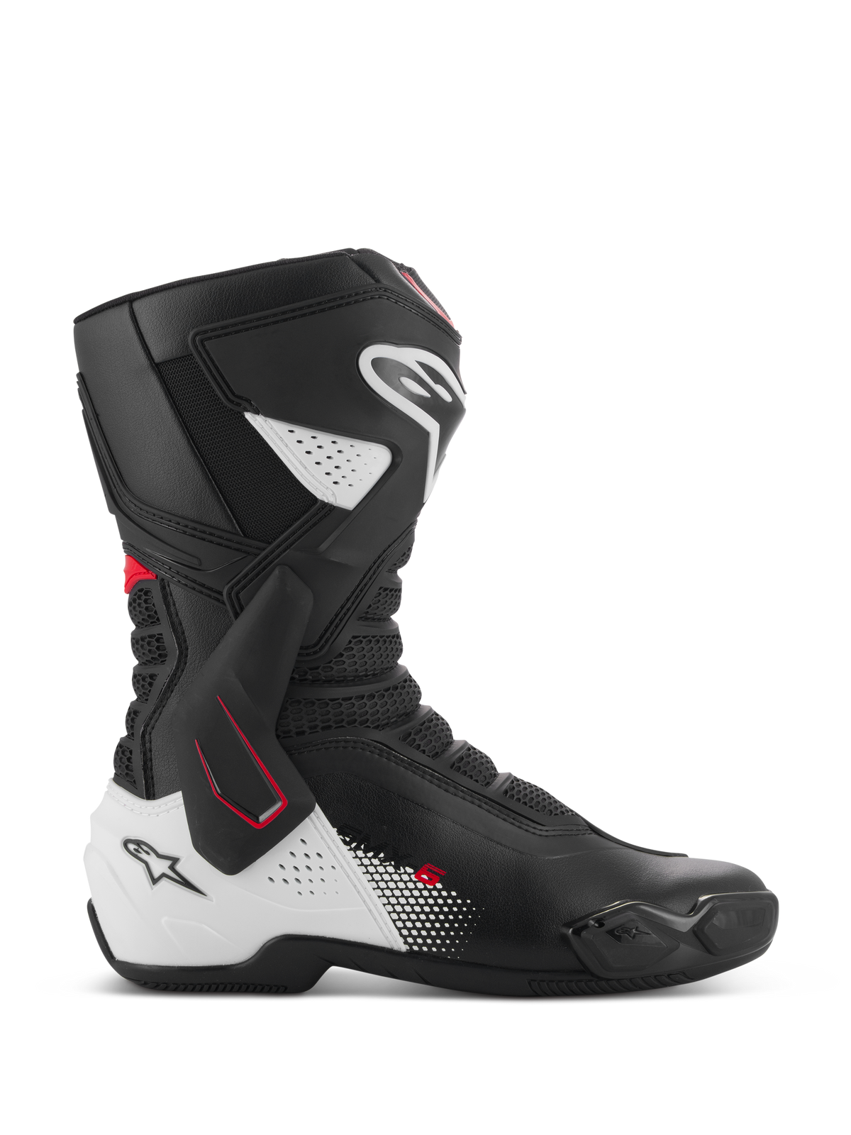 Botas Alpinestars SMX-6 V3, botas de competición para moto de alto rendimiento, negras, blancas y rojas; perfil lateral con refuerzo lateral de tobillo en TPU, protección reforzada en espinilla y talón, zonas de flexión de malla perforada y deslizadores de puntera reemplazables para conducción en pista y calle