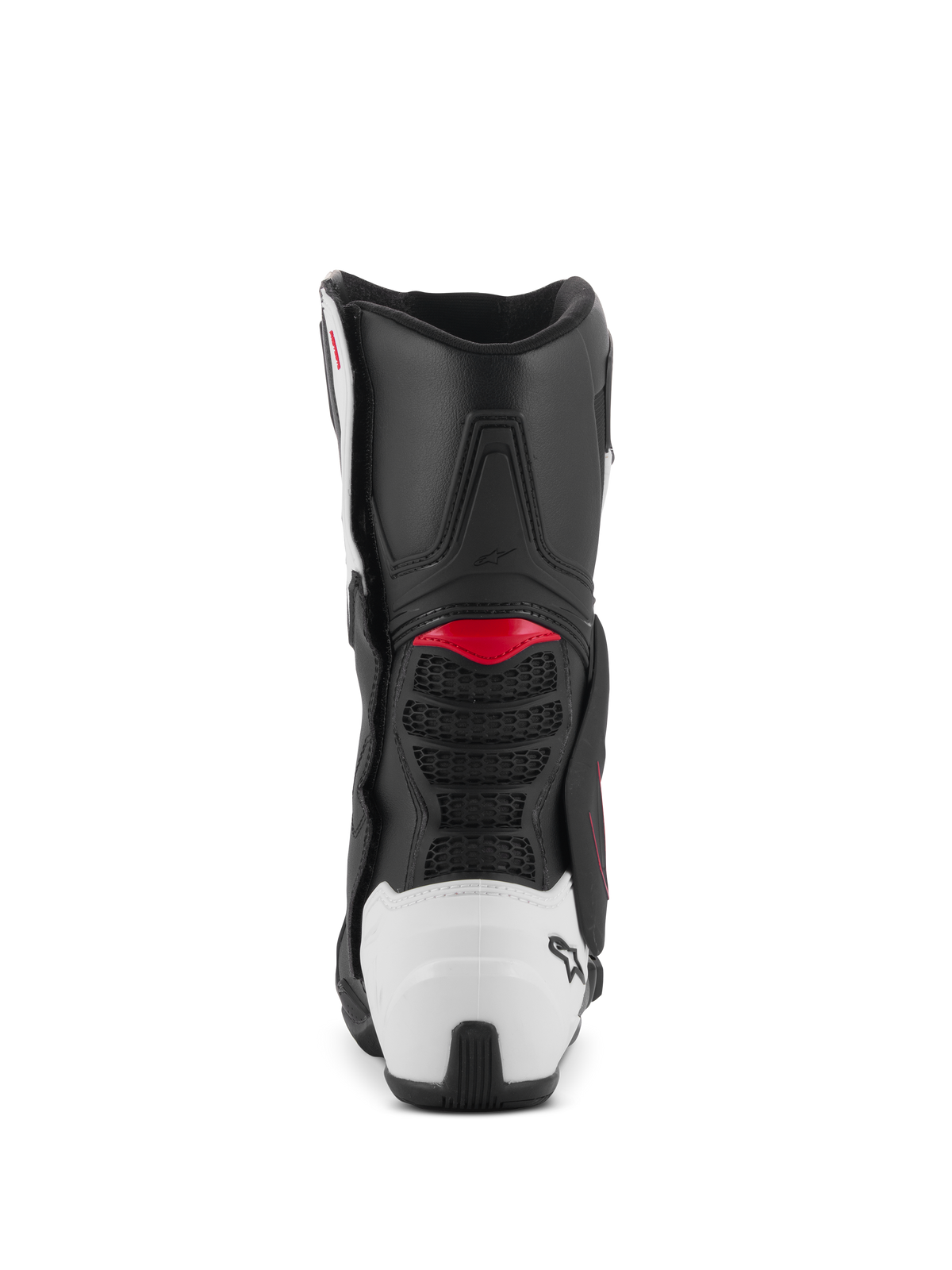 Botas Alpinestars SMX-6 V3, botas de conducción de alto rendimiento, diseño gráfico en negro, blanco y rojo, vista trasera con protector de talón de TPU blanco y acentos rojos, diseñadas para el rendimiento en pista y calle