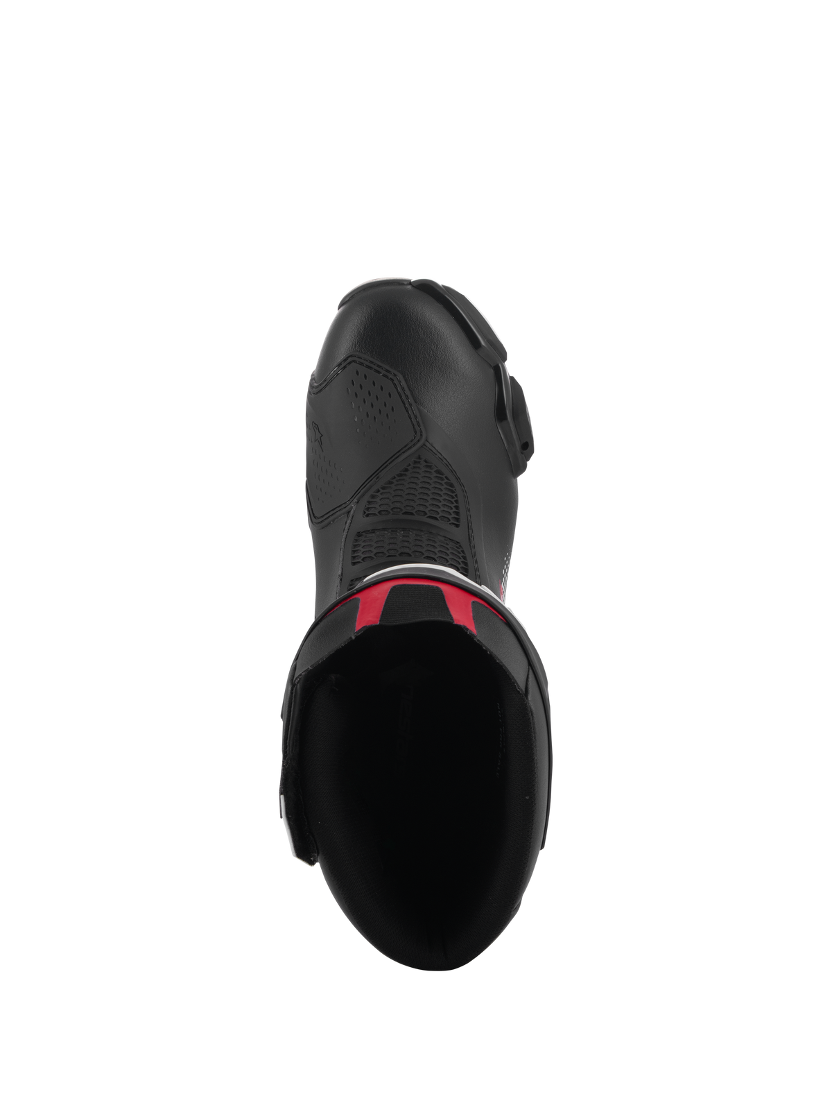 Botas Alpinestars SMX-6 V3, botas de alto rendimiento, negras con detalles rojos, vista superior que muestra la apertura interior y la capa superior de microfibra, diseño ergonómico y estilizado para carreras de motos