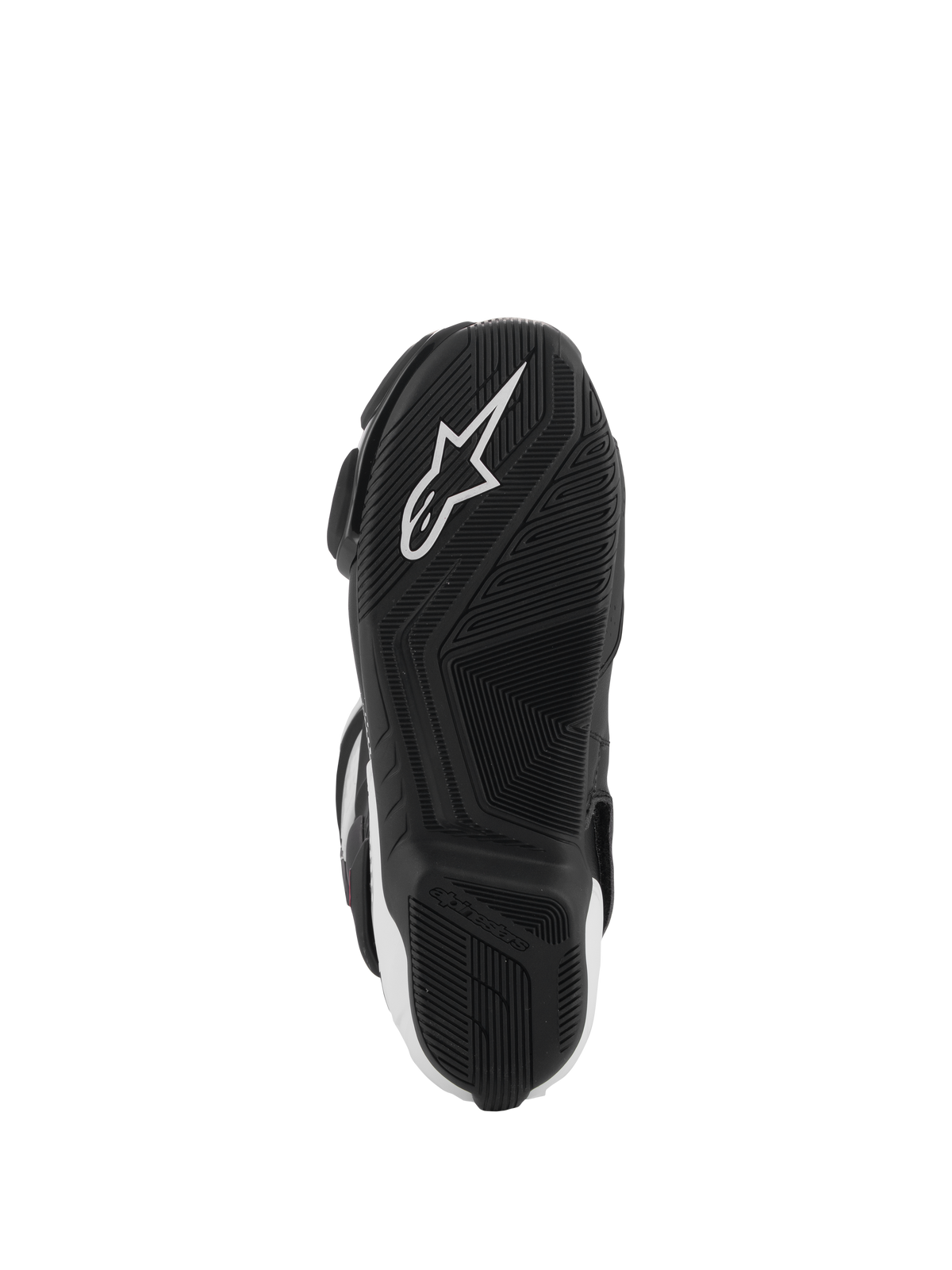 Botas Alpinestars SMX-6 V3, vista inferior de la suela, caucho negro con patrón de agarre texturizado, con logotipo de la estrella de Alpinestars en blanco, calzado de alto rendimiento para motociclismo