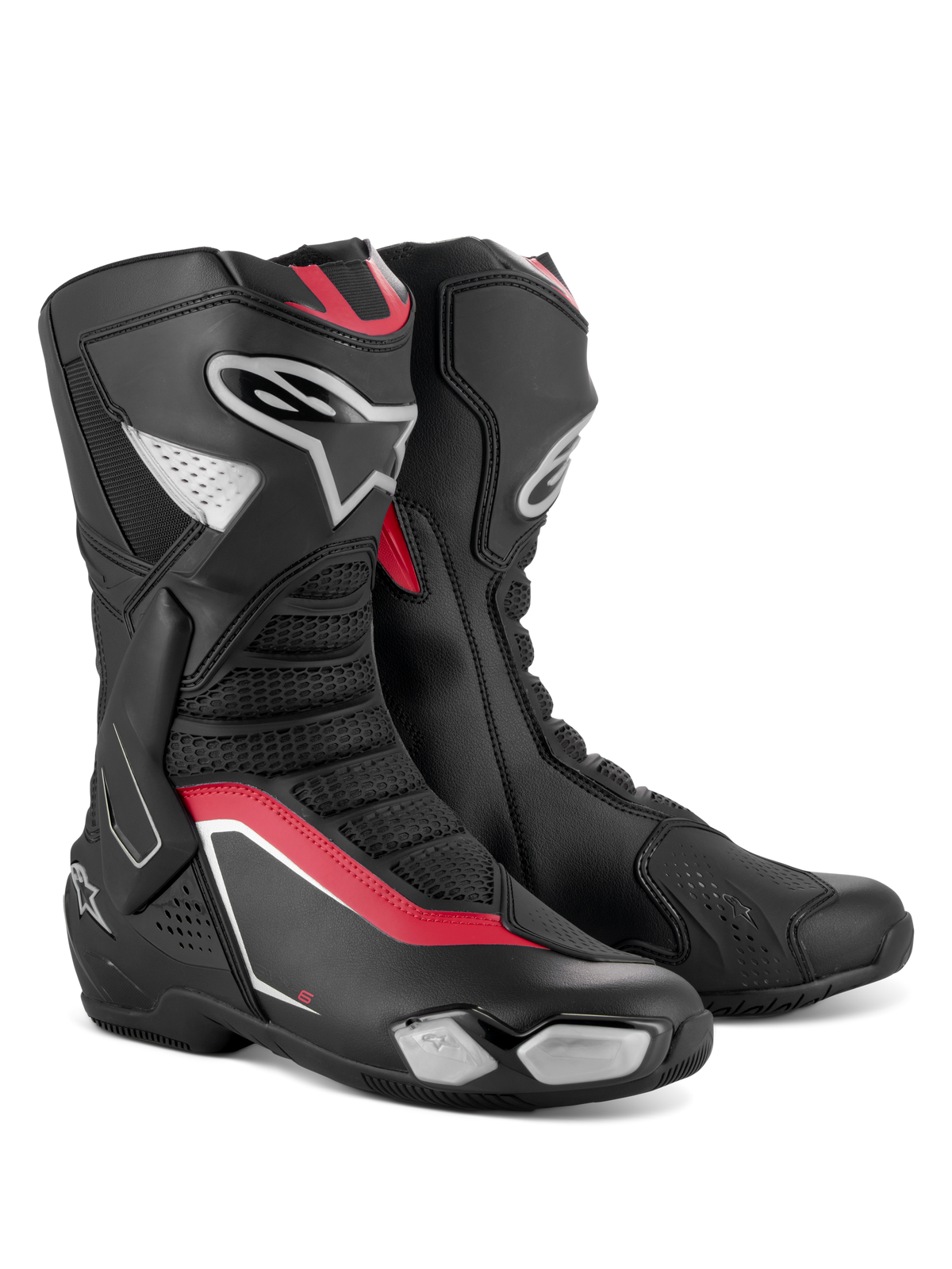 Botas Alpinestars SMX-6 V3, botas de motociclismo de alto rendimiento, negro, plata y rojo, con una parte superior de microfibra estilizada con protección de TPU, detalles en rojo y el logotipo de Alpinestars en el lateral.