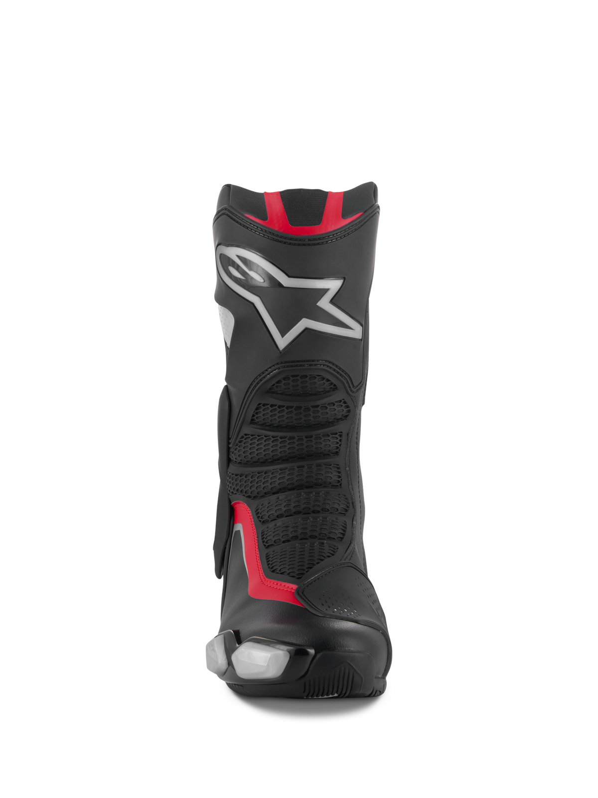 Botas Alpinestars SMX-6 V3, botas de competición y deportivas para moto, negro, plata y rojo, vista frontal con espinillera de TPU y logotipo de estrella plateada, paneles flexibles de malla y confección en microfibra de alto rendimiento