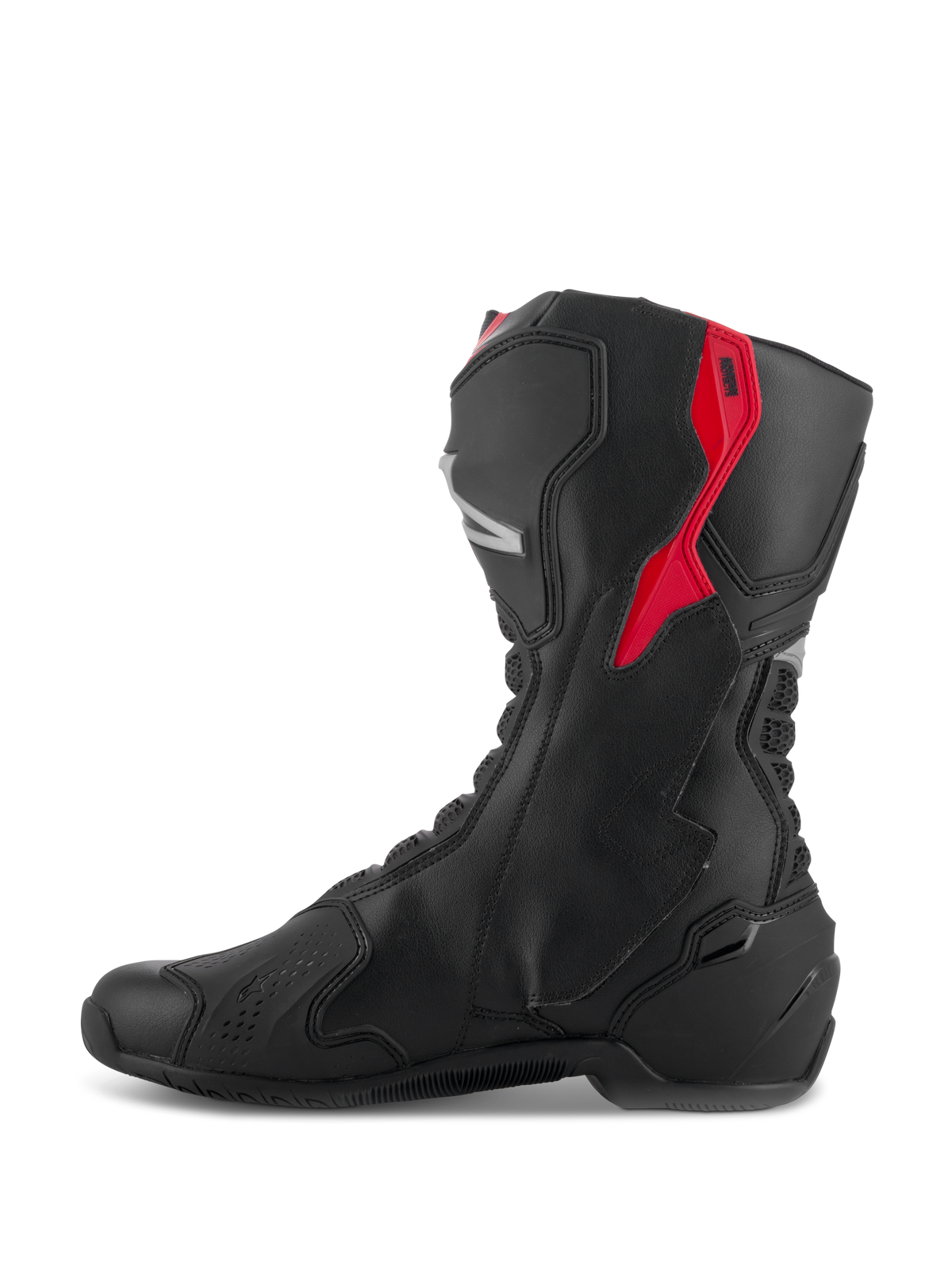 Botas Alpinestars SMX-6 V3, botas de alto rendimiento, negro con detalles en rojo y plateado, vista de perfil lateral que muestra la construcción de microfibra y los paneles protectores de TPU, diseño derivado de la competición para rendimiento en pista y calle