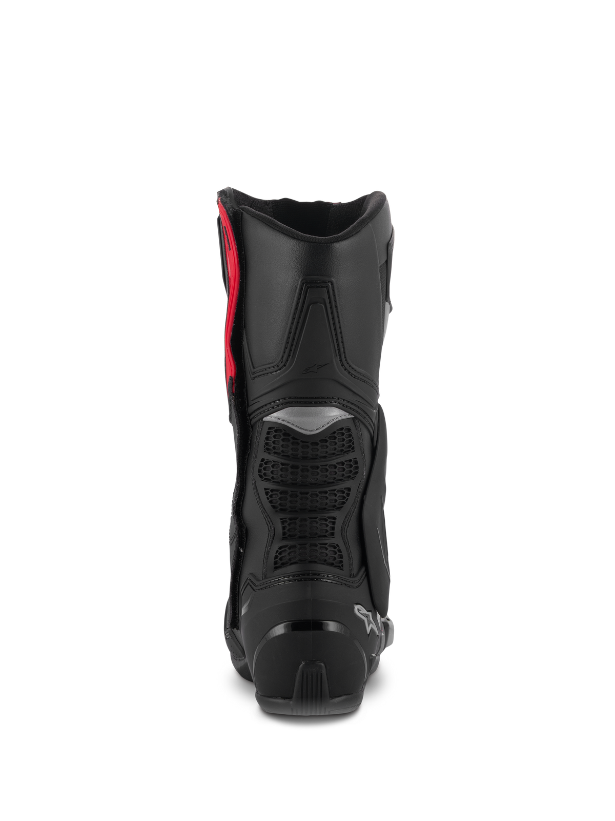 Botas Alpinestars SMX-6 V3, botas de conducción de alto rendimiento, negro, plata y rojo, vista trasera que muestra el protector de pantorrilla de TPU, zonas de flexión de malla y refuerzo en el talón, calzado de protección de alto rendimiento