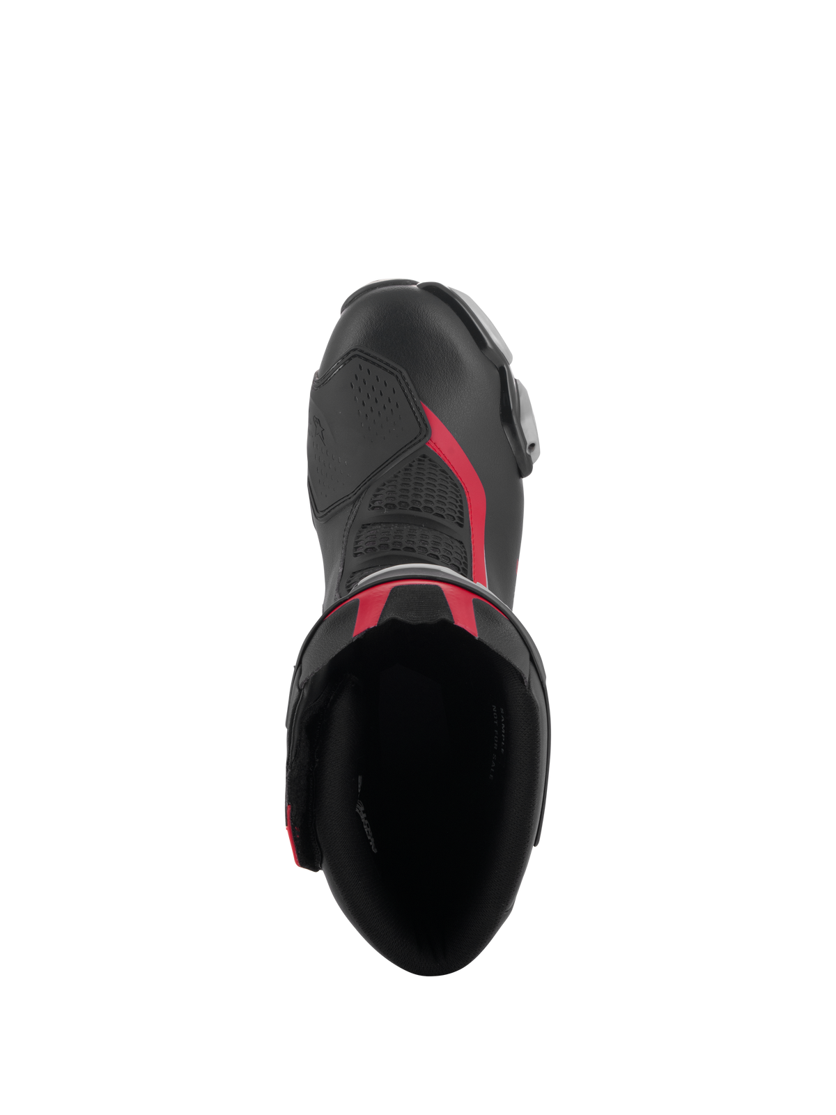 Vista superior de las botas Alpinestars SMX-6 V3 en negro, plata y rojo, con la apertura de la bota, construcción de microfibra con detalles en rojo y zona de cambio de TPU integrada.