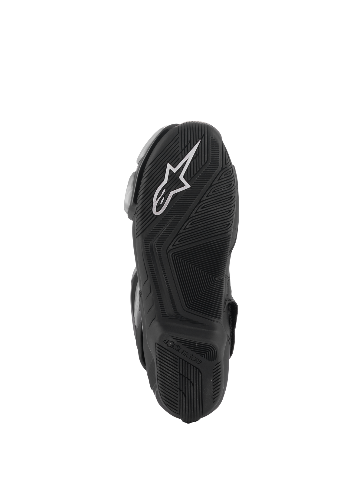 Botas Alpinestars SMX-6 V3, negras, vista de la suela con una suela exterior de caucho texturizado para mayor agarre, logotipo blanco de Alpinestars en el talón, marca en relieve, diseñadas para conducción de alto rendimiento en pista y calle.