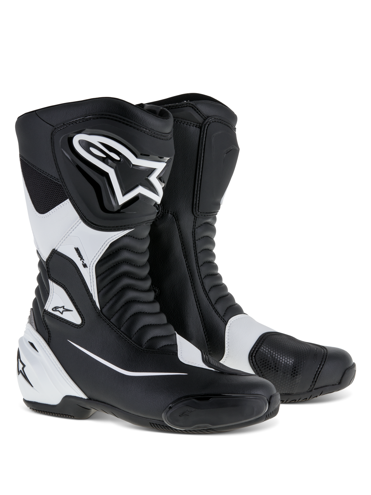 Botas Alpinestars SMX S, botas deportivas de moto, negro y blanco, con parte superior de microfibra duradera, protecciones de PU en espinilla y talón, paneles flexibles de acordeón y logotipo distintivo de Alpinestars, calzado de alto rendimiento para carretera.