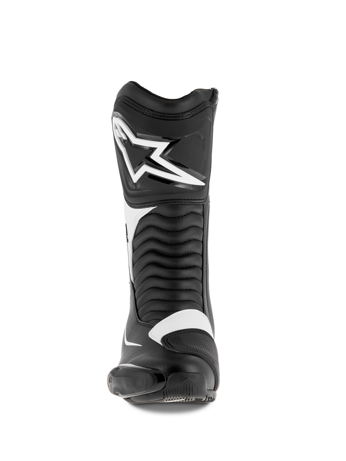 Botas Alpinestars SMX S, botas de moto, negro y blanco, vista frontal con un gran logotipo blanco de Alpinestars en la espinilla, paneles flexibles de acordeón y construcción de microfibra duradera con protectores de PU
