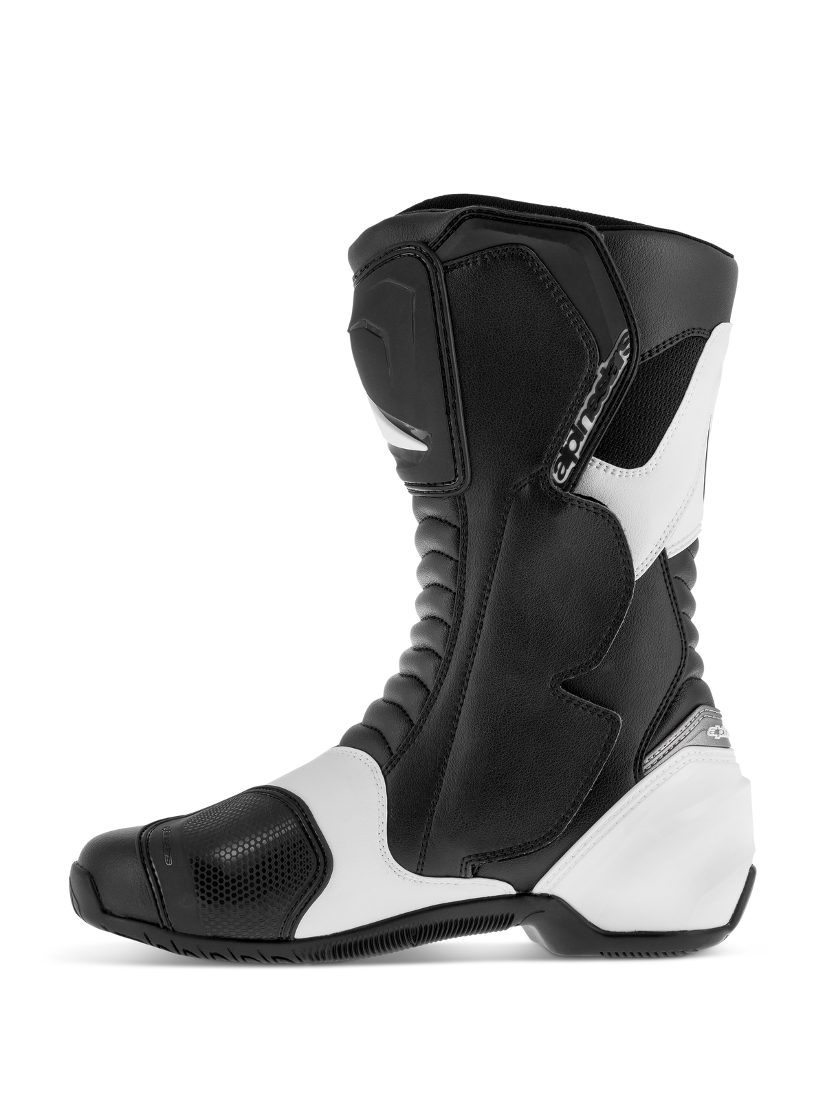 Alpinestars SMX S Boots, botas de moto deportivas para carretera, negras y blancas, perfil lateral que muestra la parte superior de microfibra duradera con protectores reforzados en espinilla, tobillo y talón, paneles de contraste blancos y zonas de flexión tipo acordeón