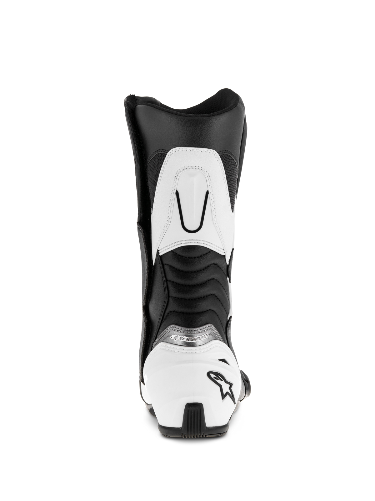Botas Alpinestars SMX S, negro y blanco, vista trasera que muestra el contrafuerte del talón blanco con el logotipo de la estrella negra, paneles flexibles de acordeón acanalados y refuerzo blanco en la parte superior de la pantorrilla, botas de microfibra duradera para motociclismo deportivo