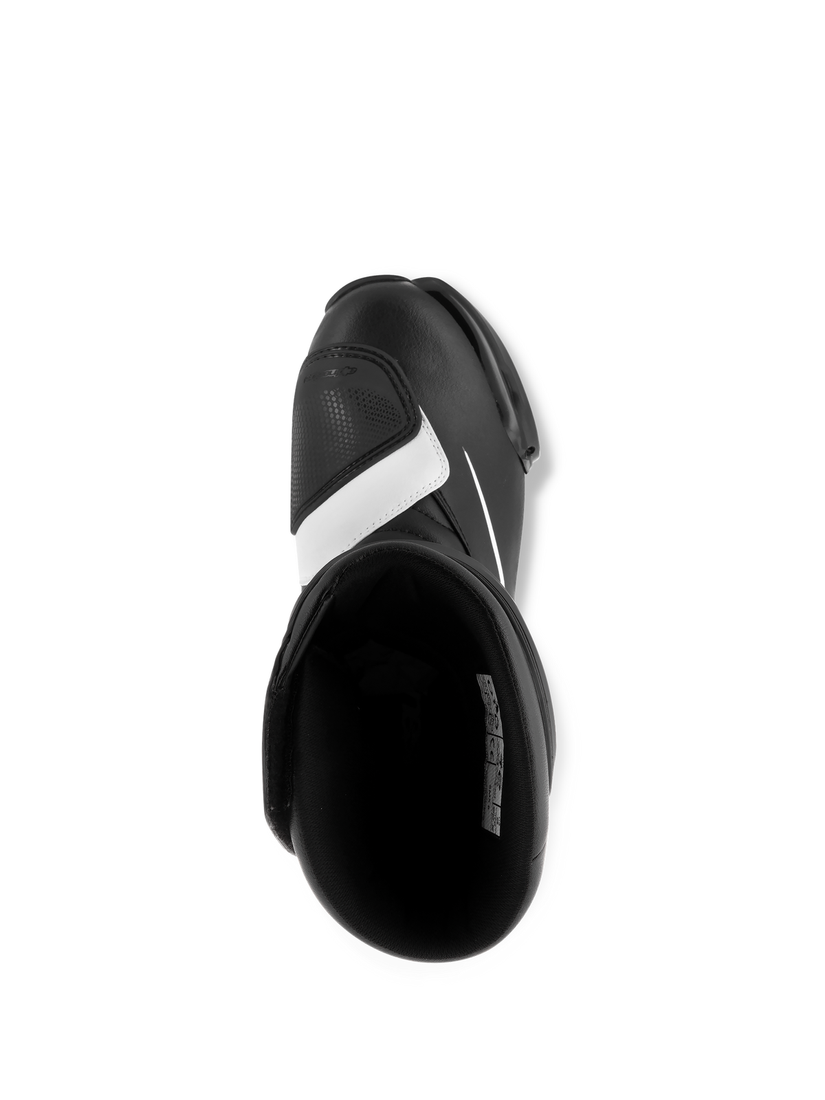 Botas Alpinestars SMX S, negro y blanco, vista superior que muestra el interior y la almohadilla de cambio en la puntera, confección en microfibra duradera, calzado deportivo para motocicleta