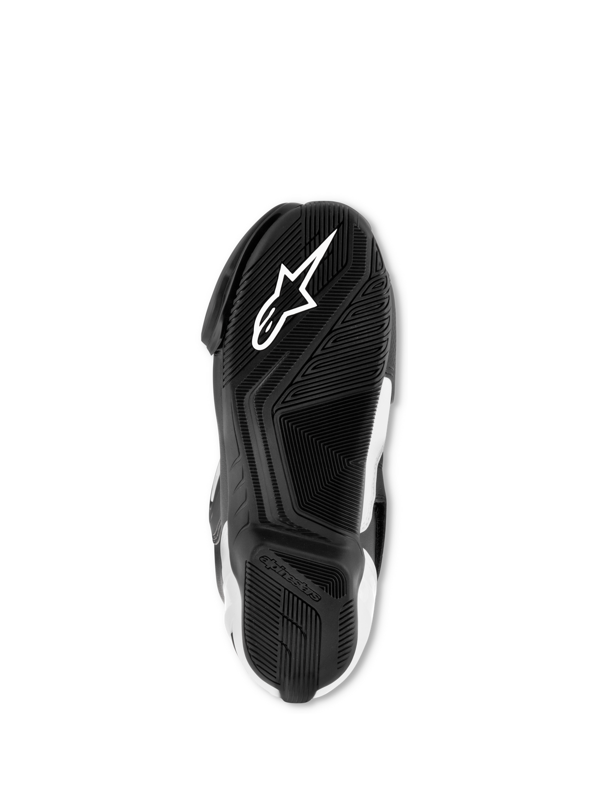 Botas Alpinestars SMX S, negro y blanco, vista inferior de la suela de compuesto de goma exclusivo, con logotipo Astar blanco y patrón de agarre texturizado para tracción y soporte.