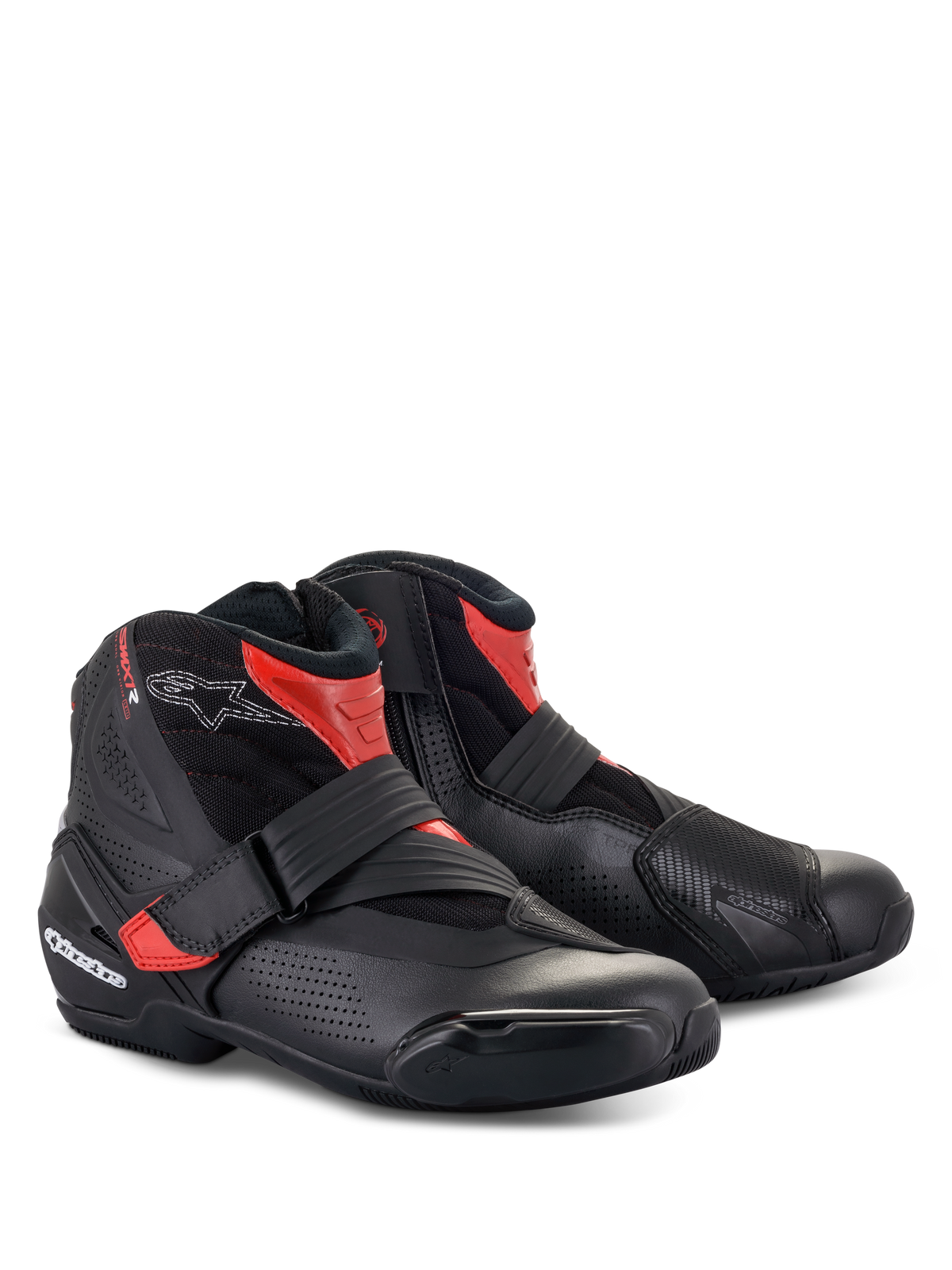 Botas Alpinestars SMX-1 R V2 Vented, calzado de moto de corte bajo, negro y rojo, con microfibra perforada para el flujo de aire, protección de TPU y cierre de correa para conducción deportiva en carretera