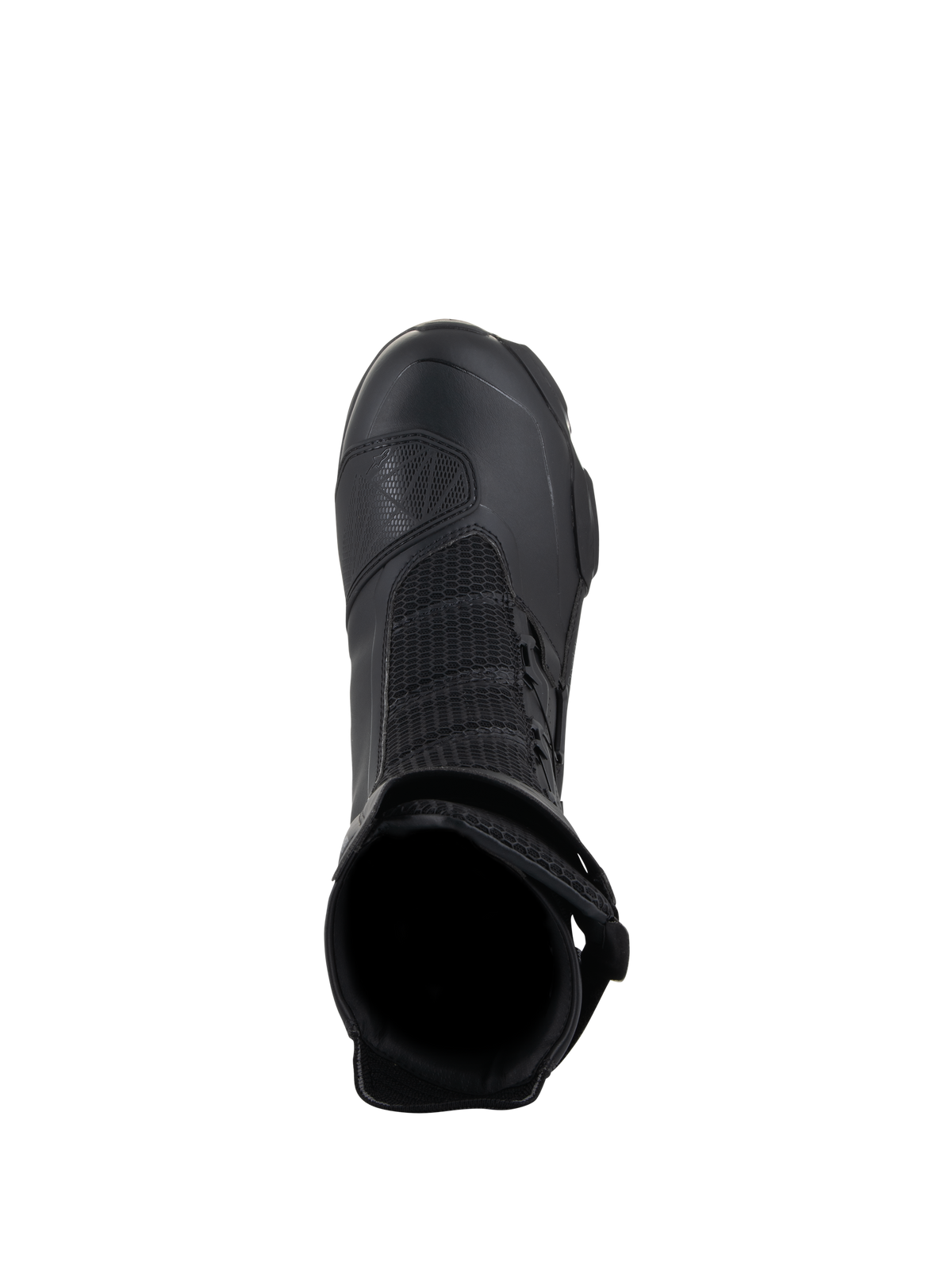 Botas Alpinestars SP-X BOA Drystar, botas de moto sport touring, negras, vista superior que muestra la apertura interior, paneles de malla y protector de cambio de TPU, diseñadas para un rendimiento impermeable y comodidad del piloto