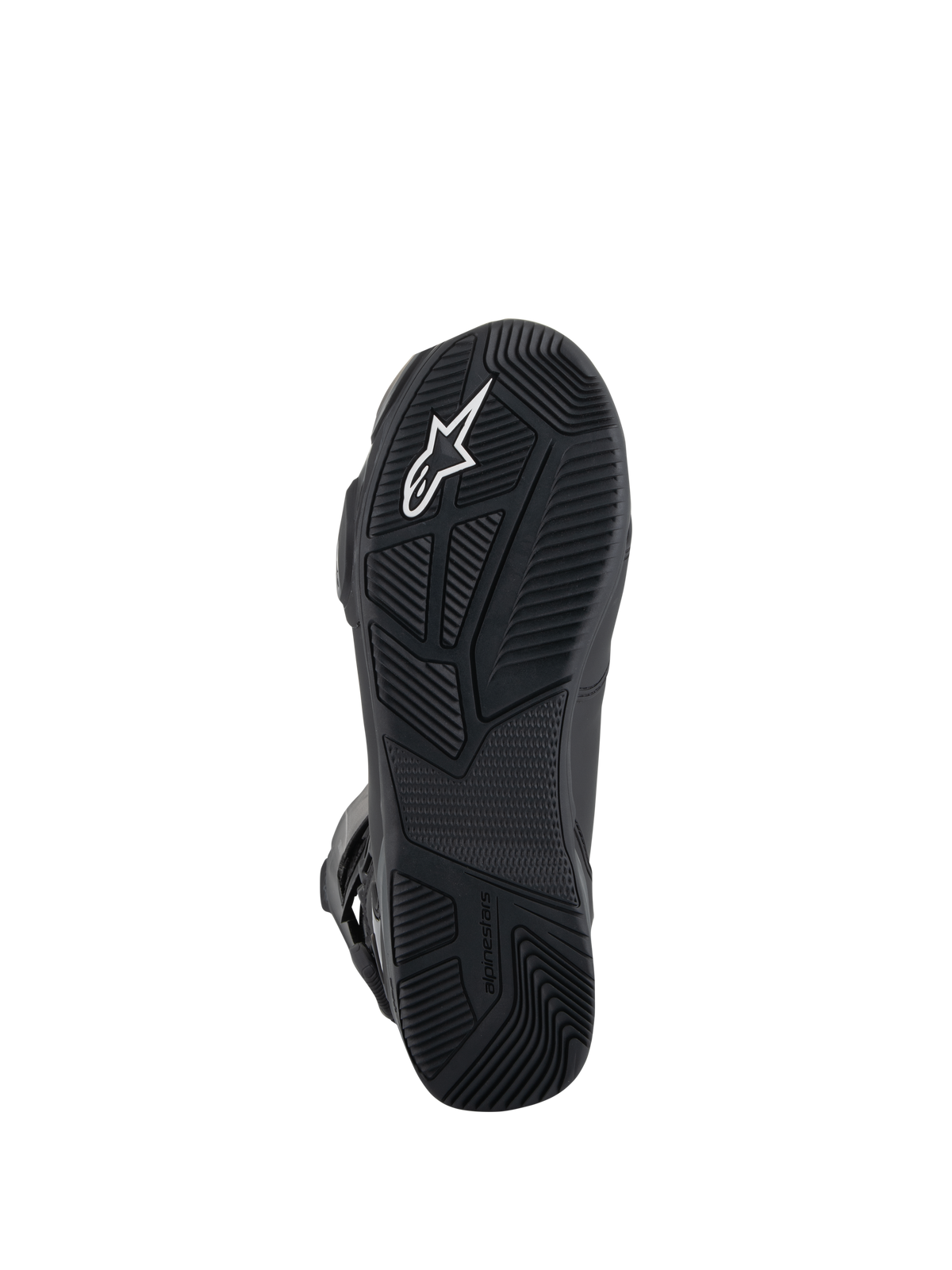 Botas Alpinestars SP-X BOA® Drystar®, botas de moto, vista inferior de la suela de goma negra con patrones de agarre texturizados, logotipo Astar blanco y marca en relieve para tracción y estabilidad