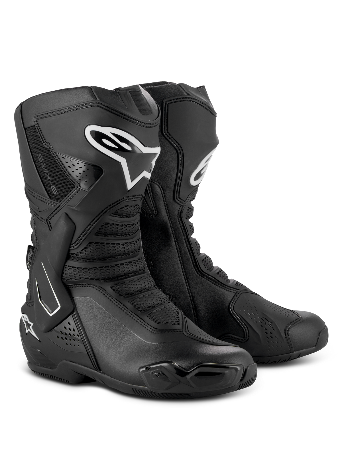 Botas Alpinestars SMX-6 V3 Drystar®, botas de alto rendimiento para motociclismo, negras, con protectores de espinilla de TPU y logotipo de Alpinestars en blanco, deslizadores de puntera reemplazables y construcción avanzada de microfibra, equipamiento para conducción deportiva y urbana